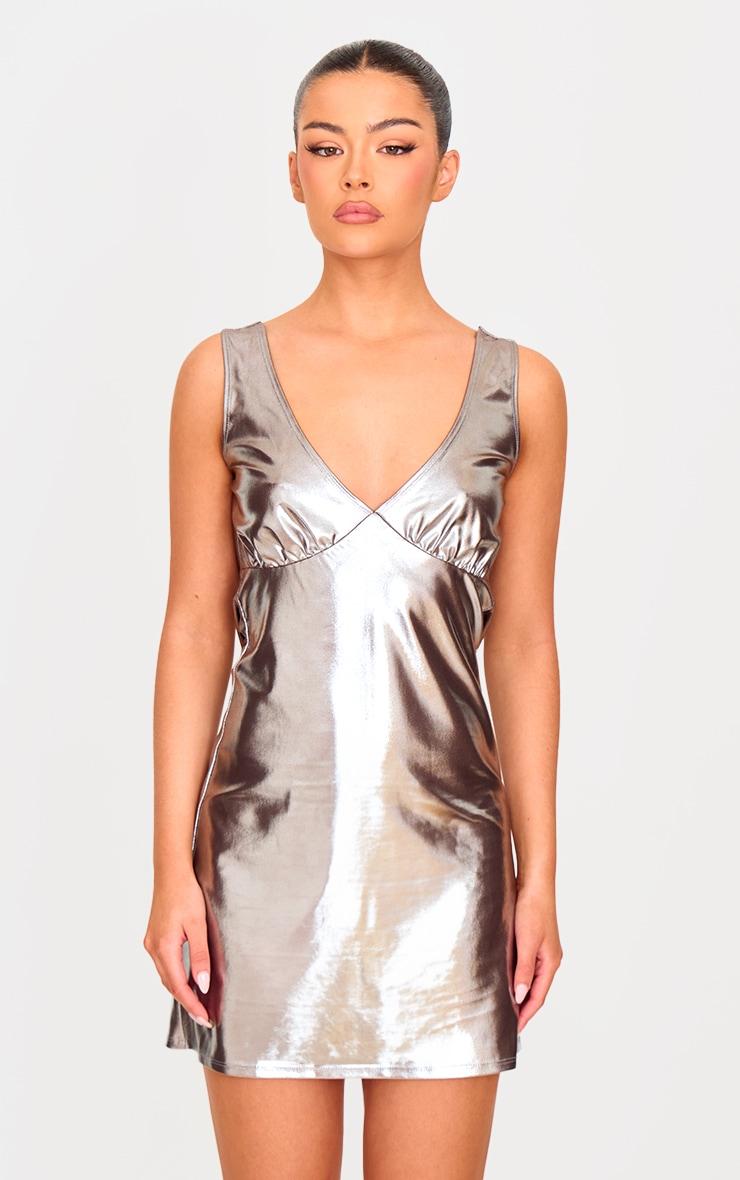 Chocolate Metallic Cowl Back Shift Dress Product Image
