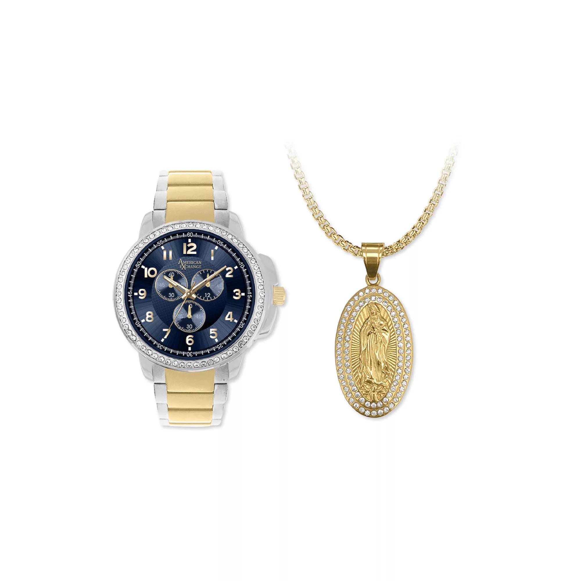 American Exchange men's Two Tone Metal Alloy Watch & "Holy Mary" Pendant Necklace Set, Size: 45MM, Gold Silver Product Image