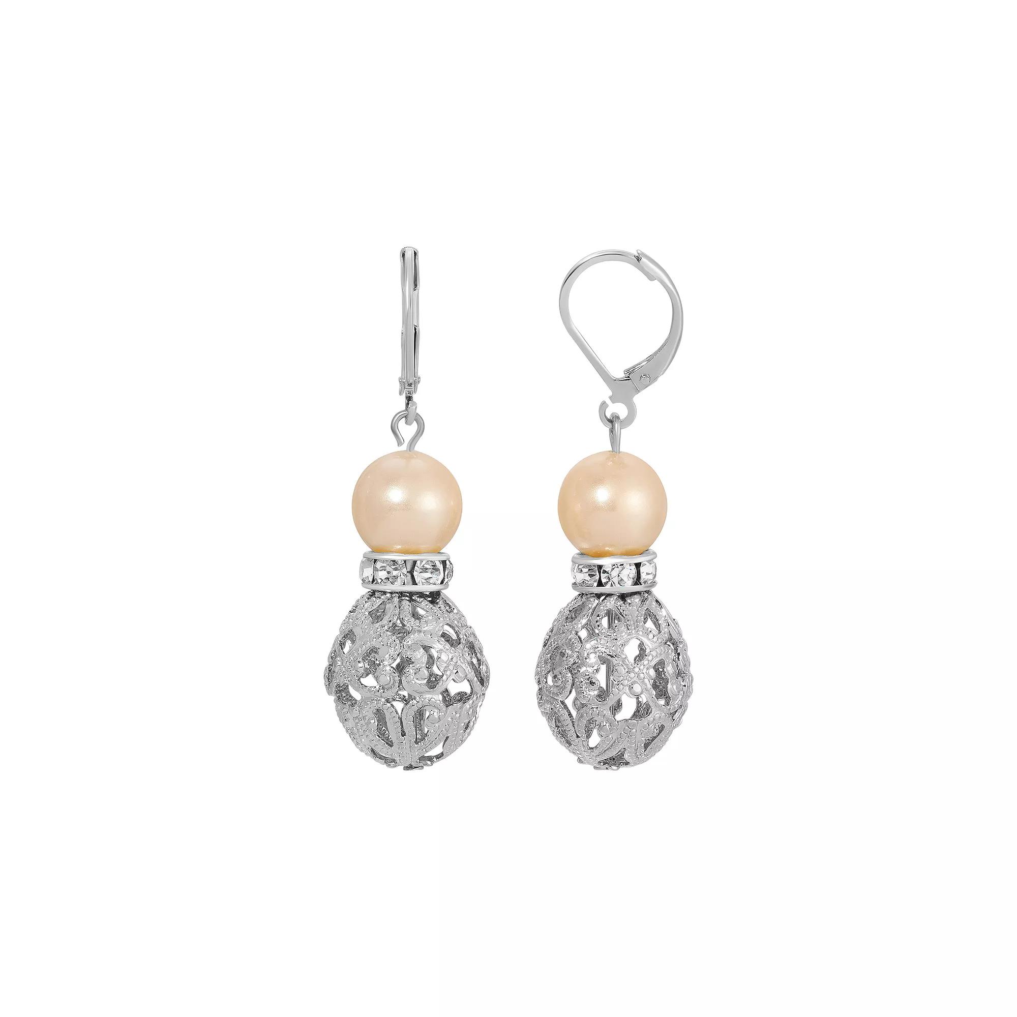 1928 Silver Tone Filigree Faux Pearl Drop Earrings, Womens, Beige Product Image