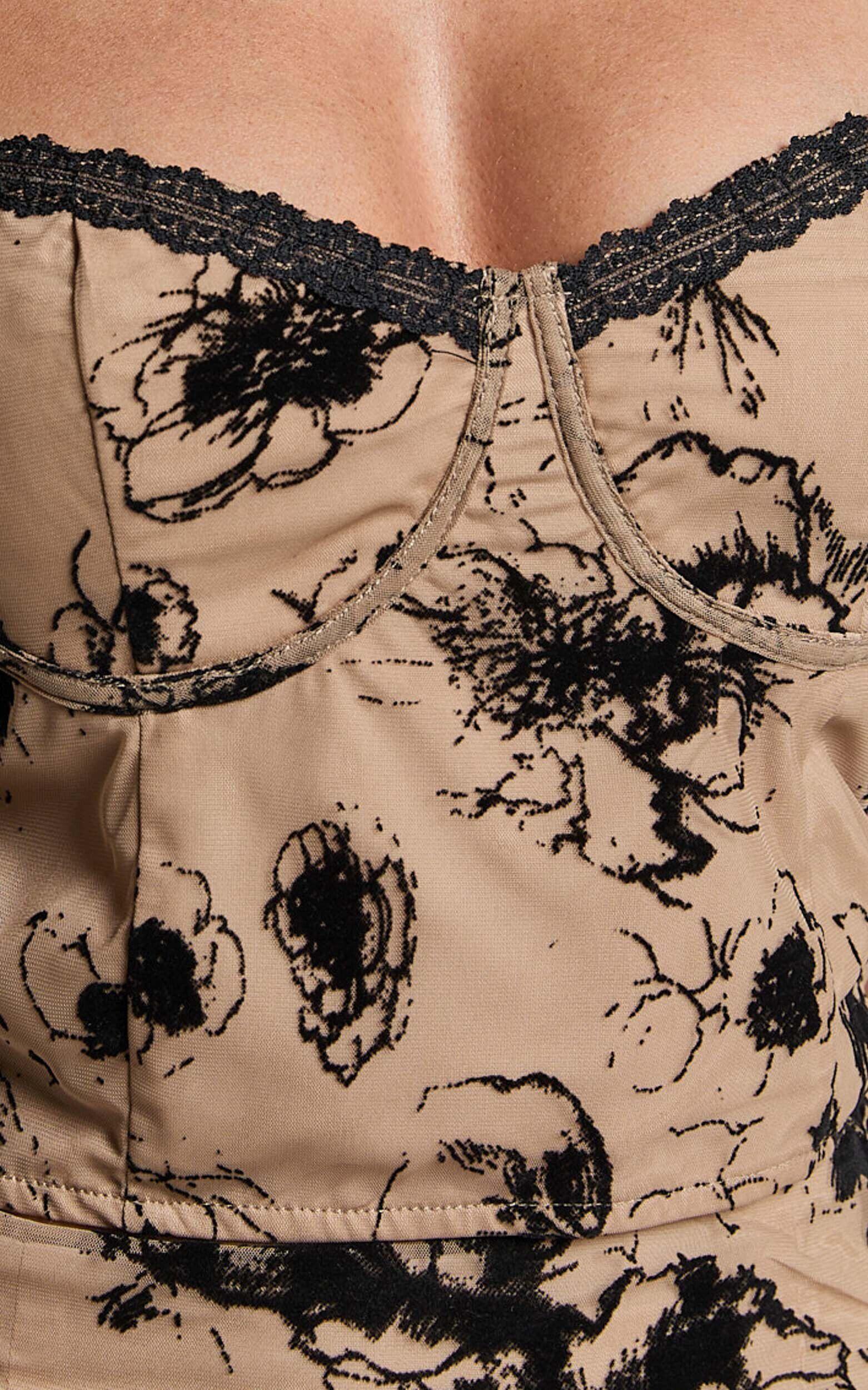 Athena Midi Skirt - Floral Mesh High Waist Skirt in Brown and Black Burnout Product Image