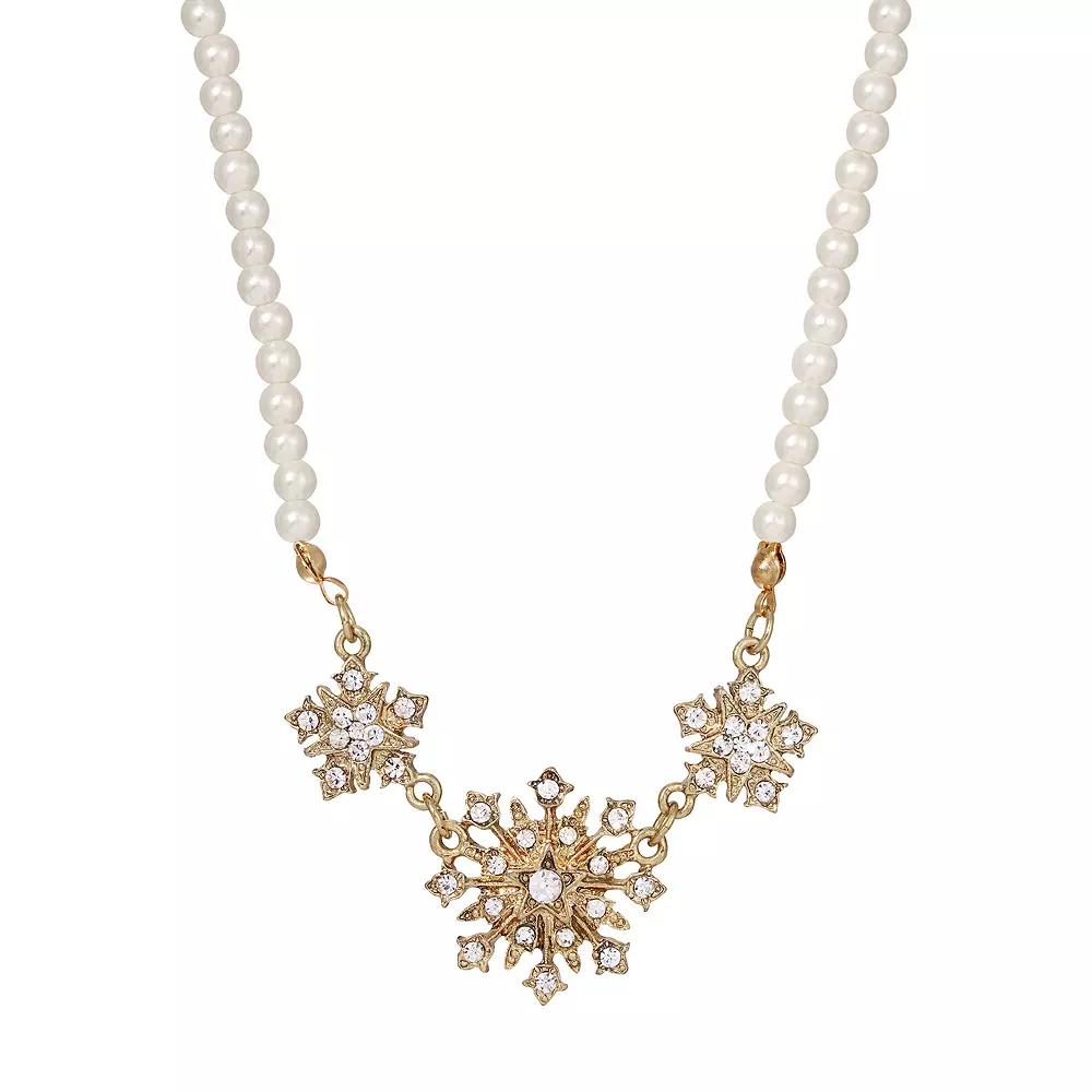1928 Gold Tone Simulated Pearl & Crystal Starburst Necklace, Women's, Silver White Product Image