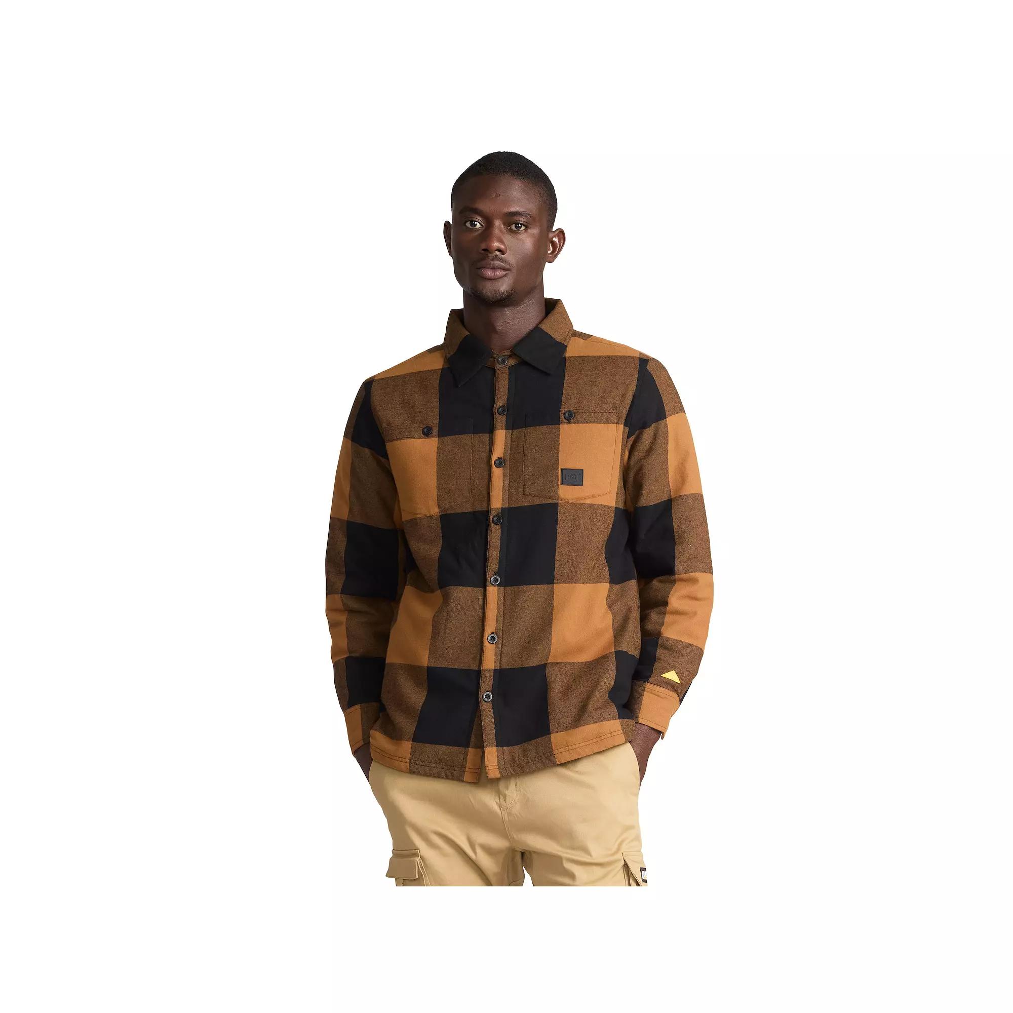 Men's Caterpillar Sherpa-Lined Plaid Flannel Shacket, Size: Medium, Bronze Product Image