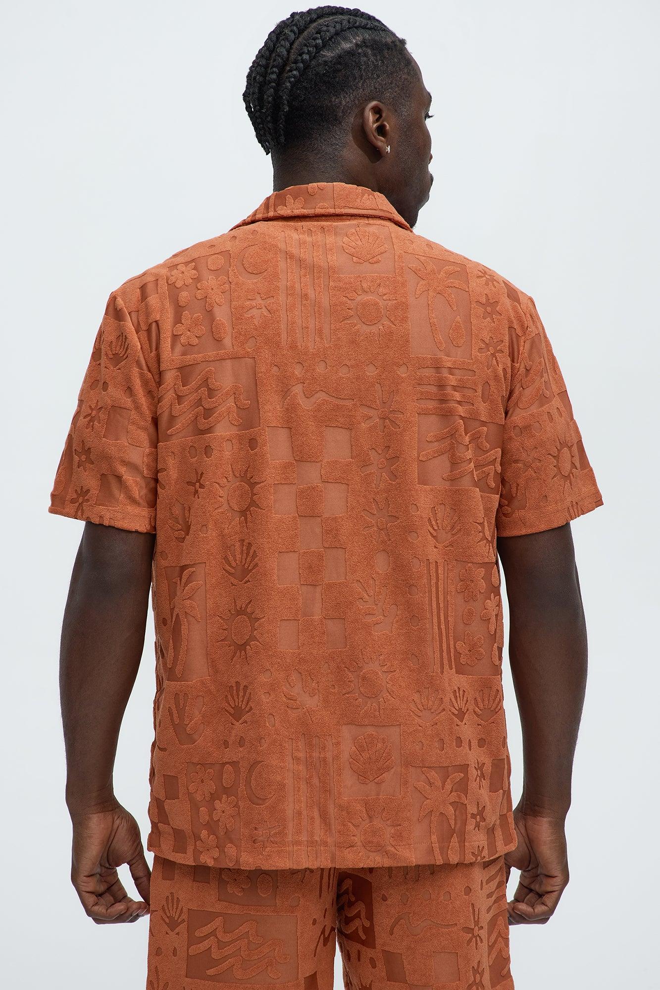 Tropical Trees Jacquard Short Sleeve Button Up Shirt - Rust Product Image
