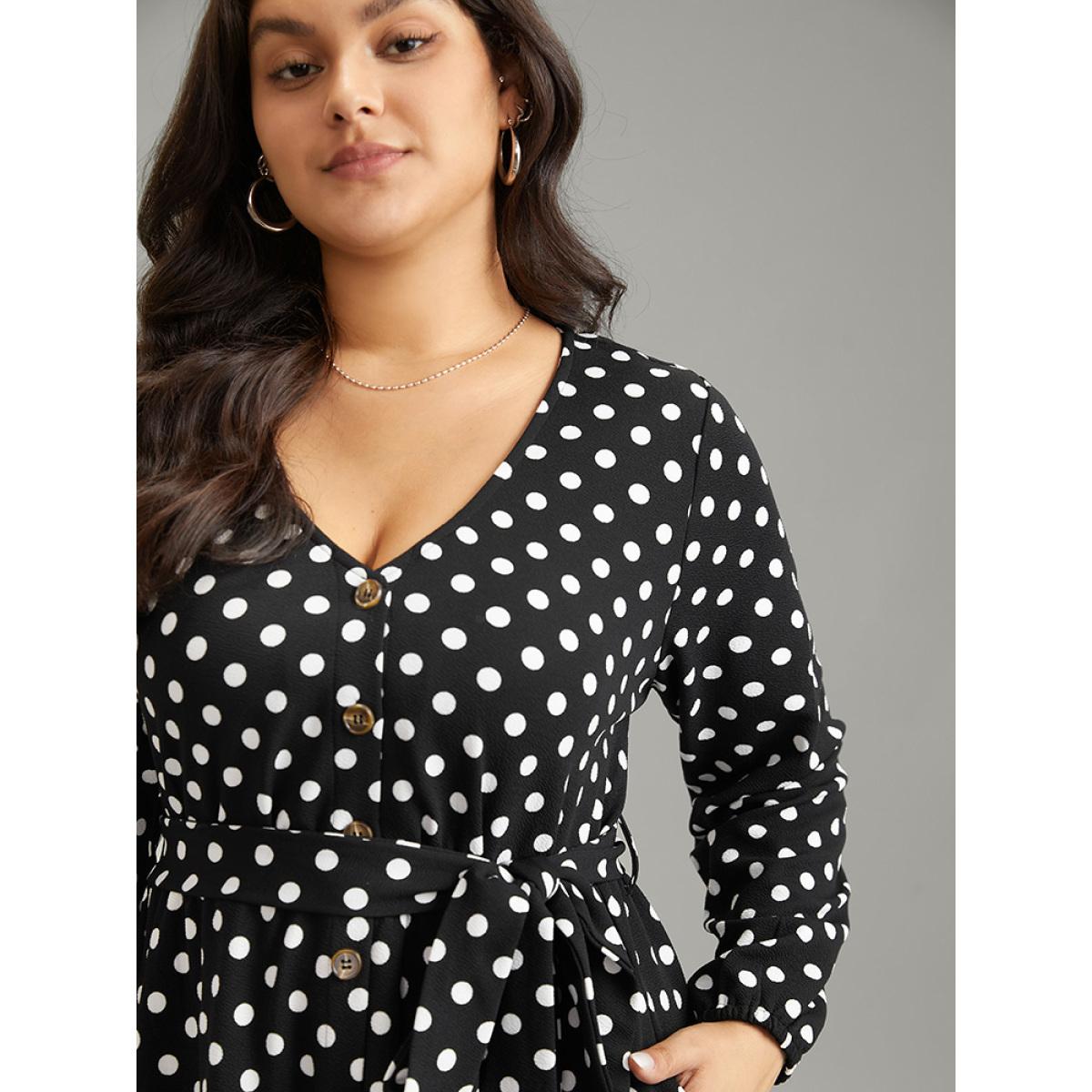 Plus Size Polka Dot Lantern Sleeve Belted Button Detail Dress Black Women Office Elastic cuffs V-neck Long Sleeve Curvy Midi Dress BloomChic 28/5X Product Image