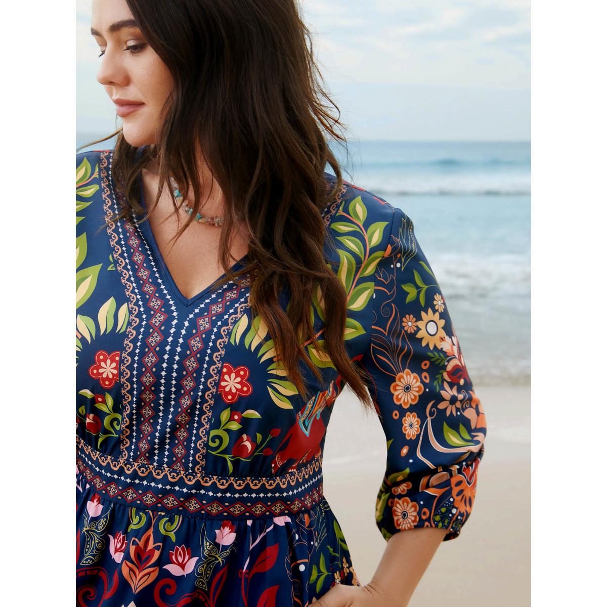 Plus Size Boho Print V-Neck Pockets Midi Dress DarkBlue Women Boho Non V-neck Elbow-length sleeve Curvy BloomChic 26/4X Product Image