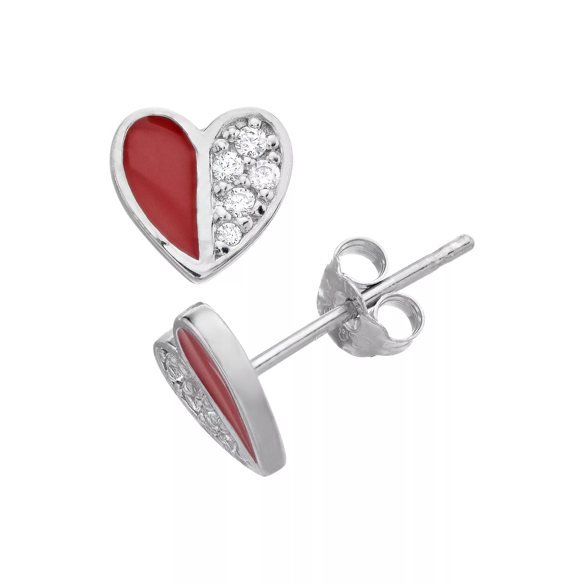 Aleure Precioso Sterling Silver Cubic Zirconia & Enamel Heart Stud Earrings, Women's, Sterling Red Product Image
