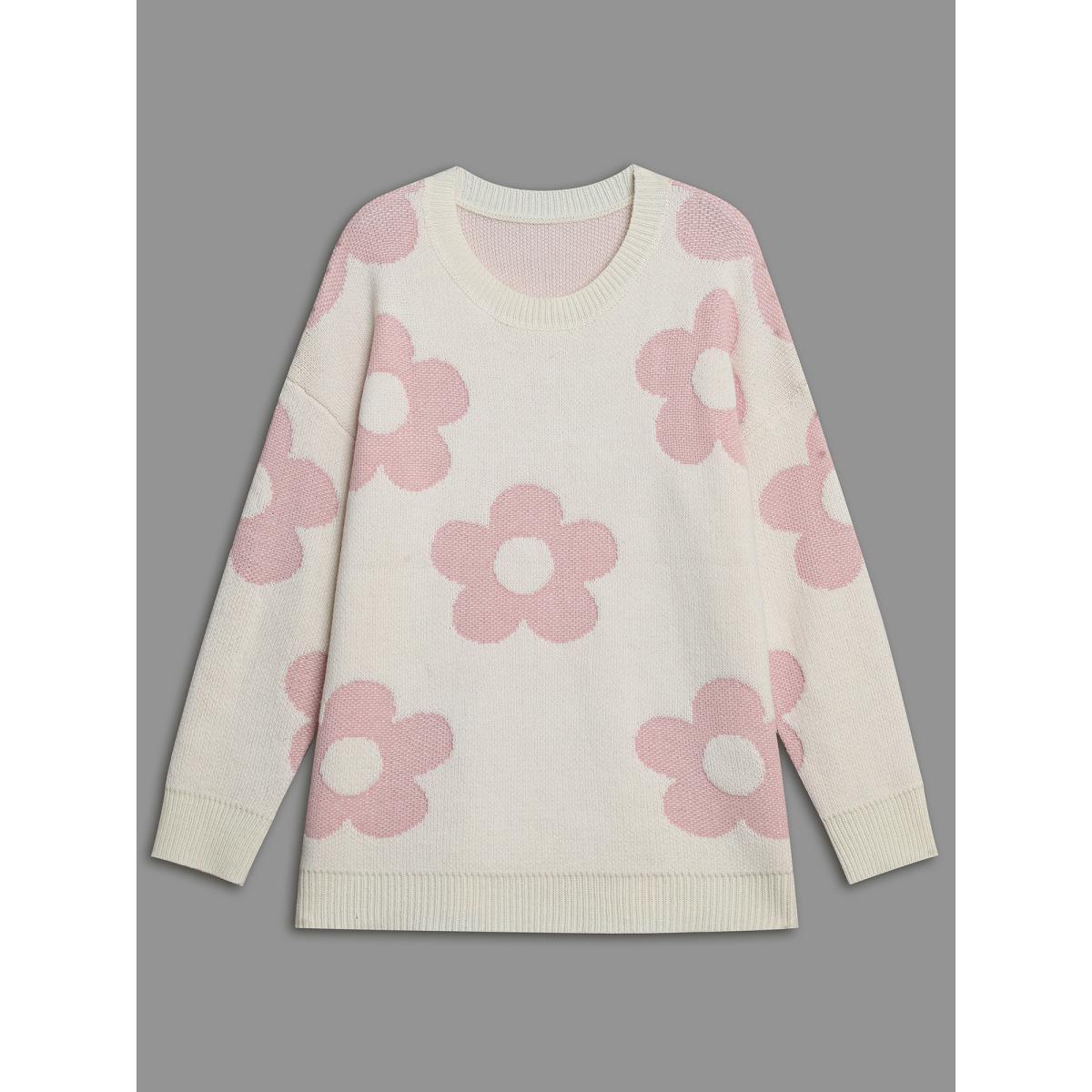 Plus Size Round Neck Floral Pattern Pullover Ivory Women Casual Loose Long Sleeve Round Neck Everyday Pullovers BloomChic 30/6X Product Image