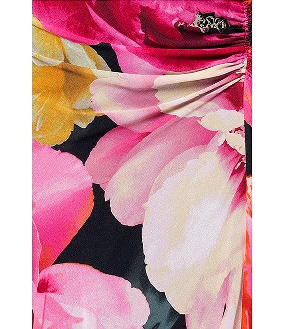 Betsy & Adam Chiffon Floral Print One Shoulder Neck One Short Sleeve Ruched Gown Product Image