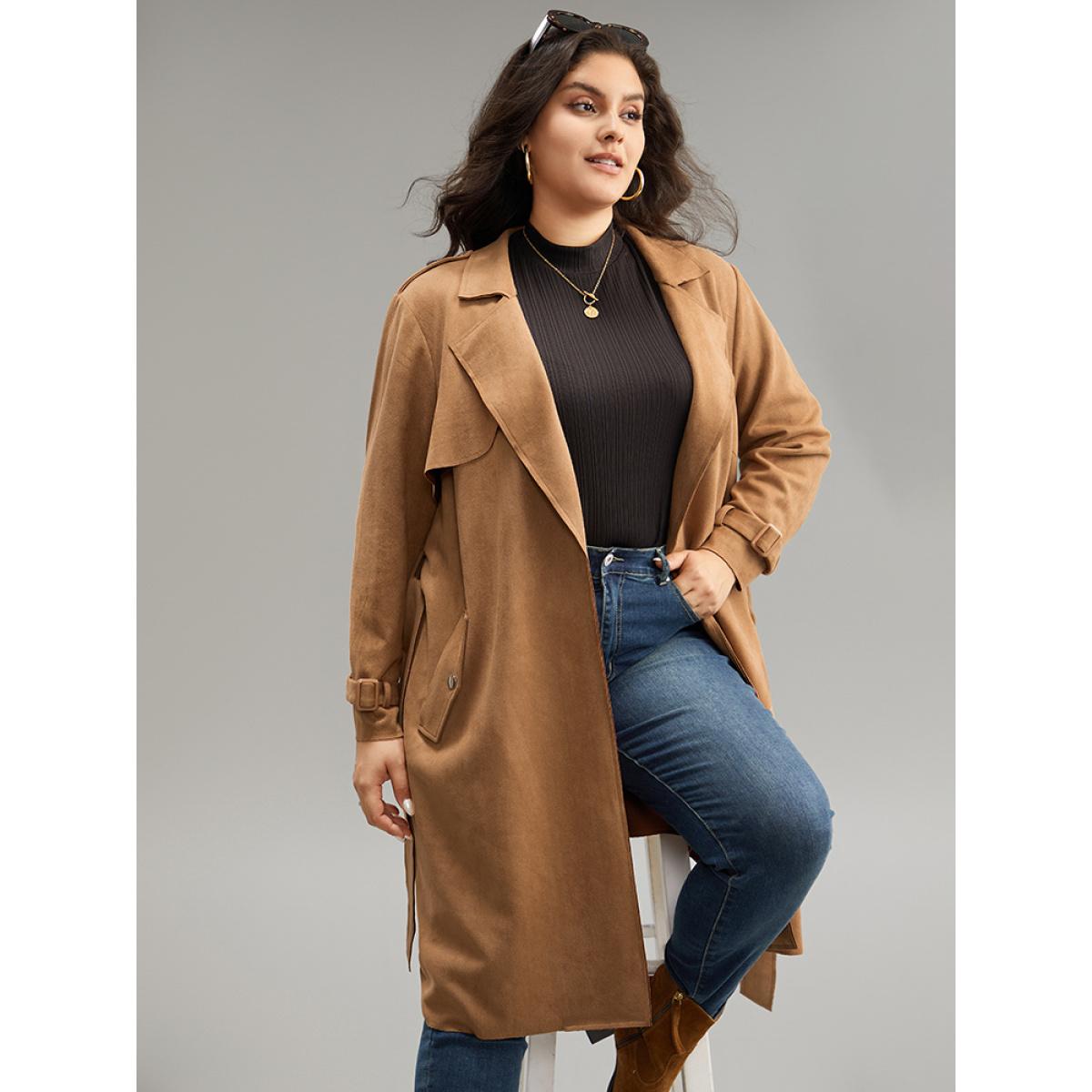 Plus Size Solid Button Detail Knot Belted Coat Women Chocolate Work From Home Plain Ladies Work Winter Coats BloomChic 18-20/2X Product Image