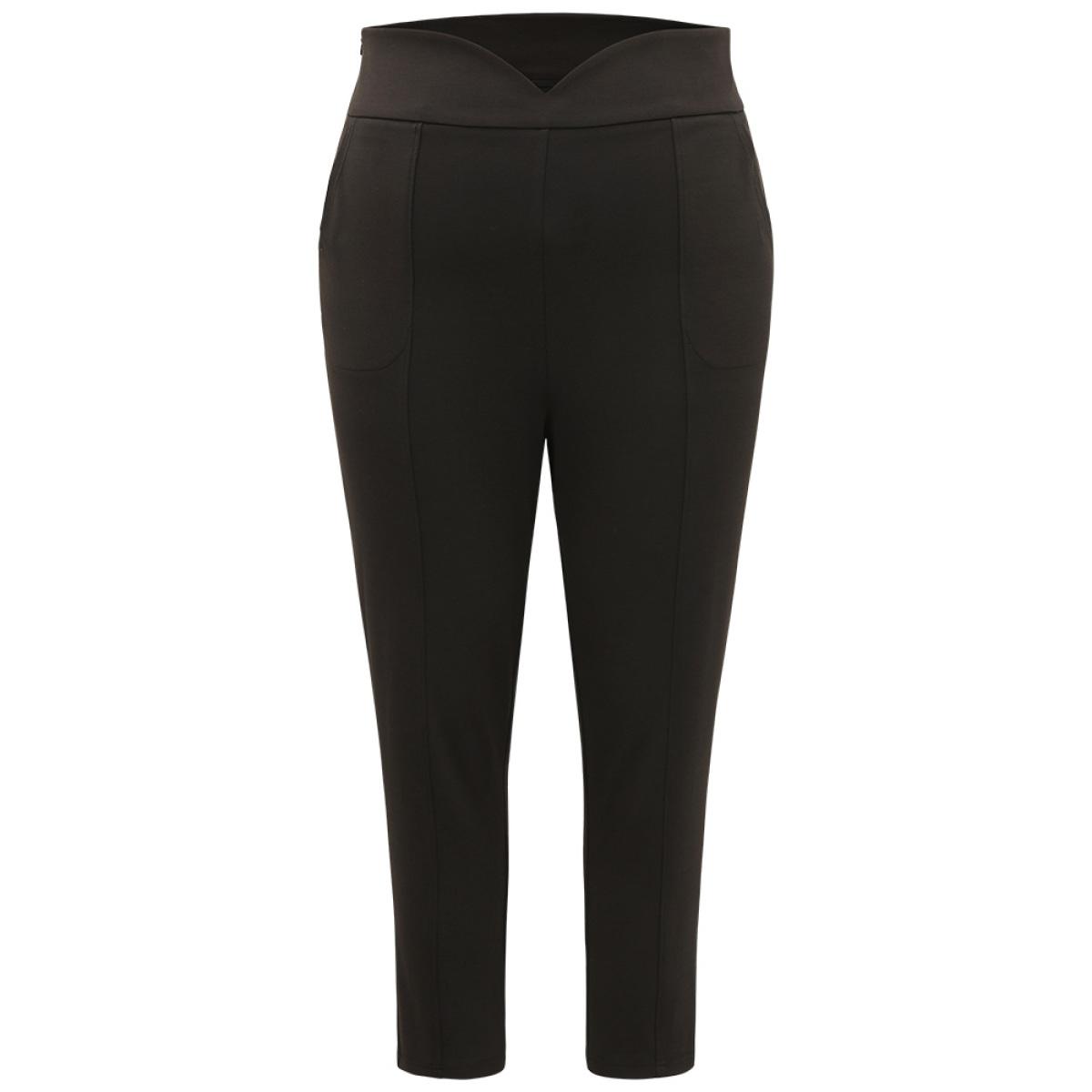 Plus Size Plain Wideband Waist Pocket Scalloped Trim Skinny Leggings Women Black Casual Bodycon High Rise Everyday Pants BloomChic 28/5X Product Image