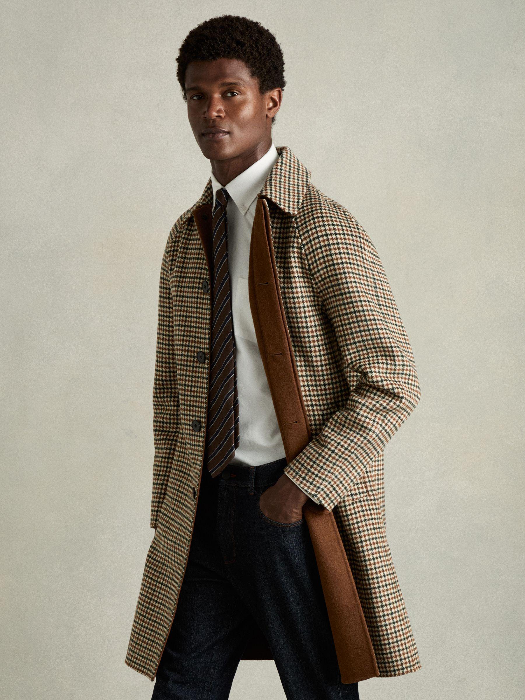 Wool Dogtooth Check Car Coat in Brown Multi Product Image