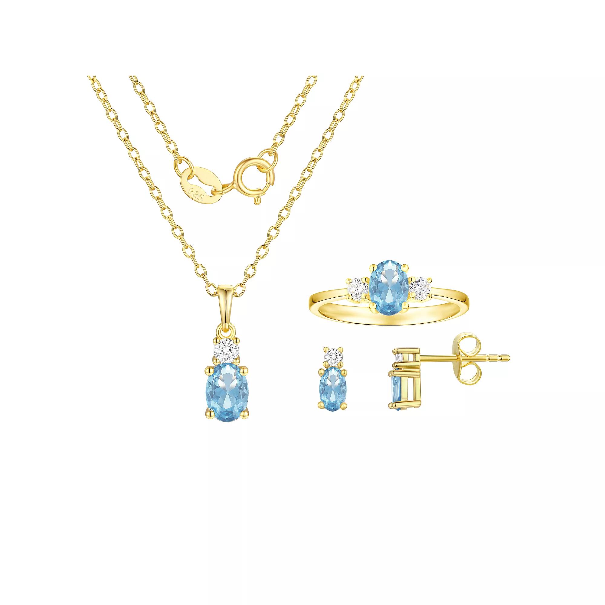 Argento Forte 14k Gold Over Silver Simulated Birthstone & Cubic Zirconia Pendant, Ring, & Earring Trio Set, Women's, March Product Image
