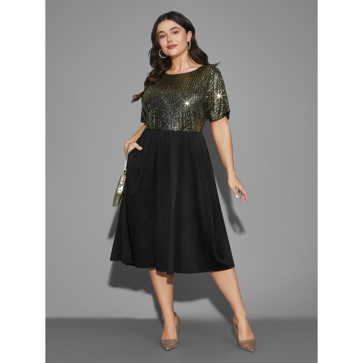 Plus Size Sequin Patchwork Dolman Sleeve Dress Black Women Cocktail Texture Party Curvy Bloomchic 26/4X Product Image