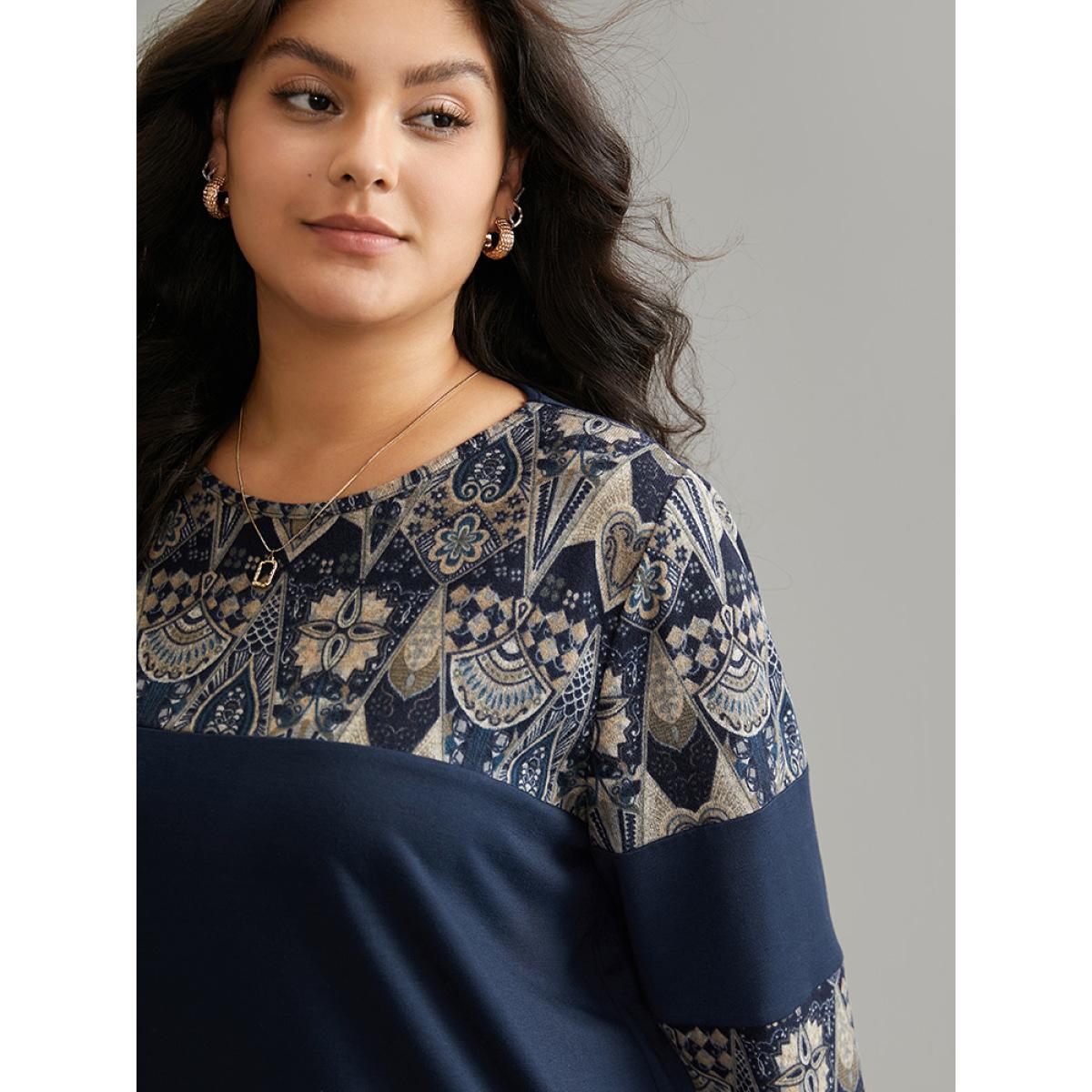 Plus Size Boho Print Patchwork Round Neck Sweatshirt Women DarkBlue Casual Printed Round Neck Dailywear Sweatshirts BloomChic 14-16/1X Product Image