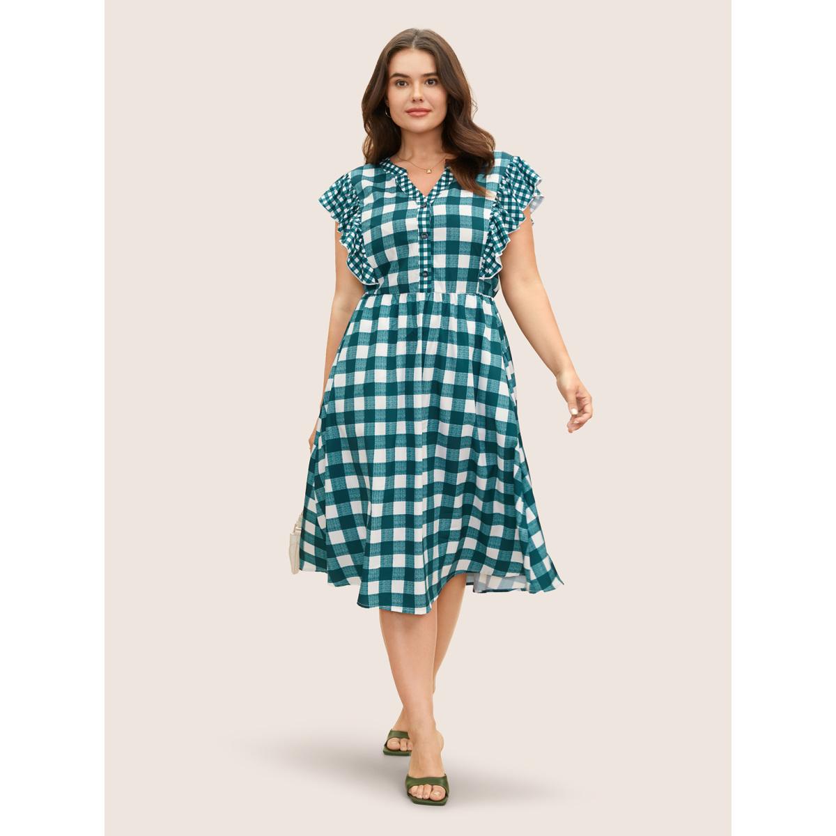 Plus Size Plaid Notched Ruffle Cap Sleeve Midi Dress Teal Women At the Office Patchwork Flat collar with V-notch Cap Sleeve Curvy BloomChic 22-24/3X Product Image