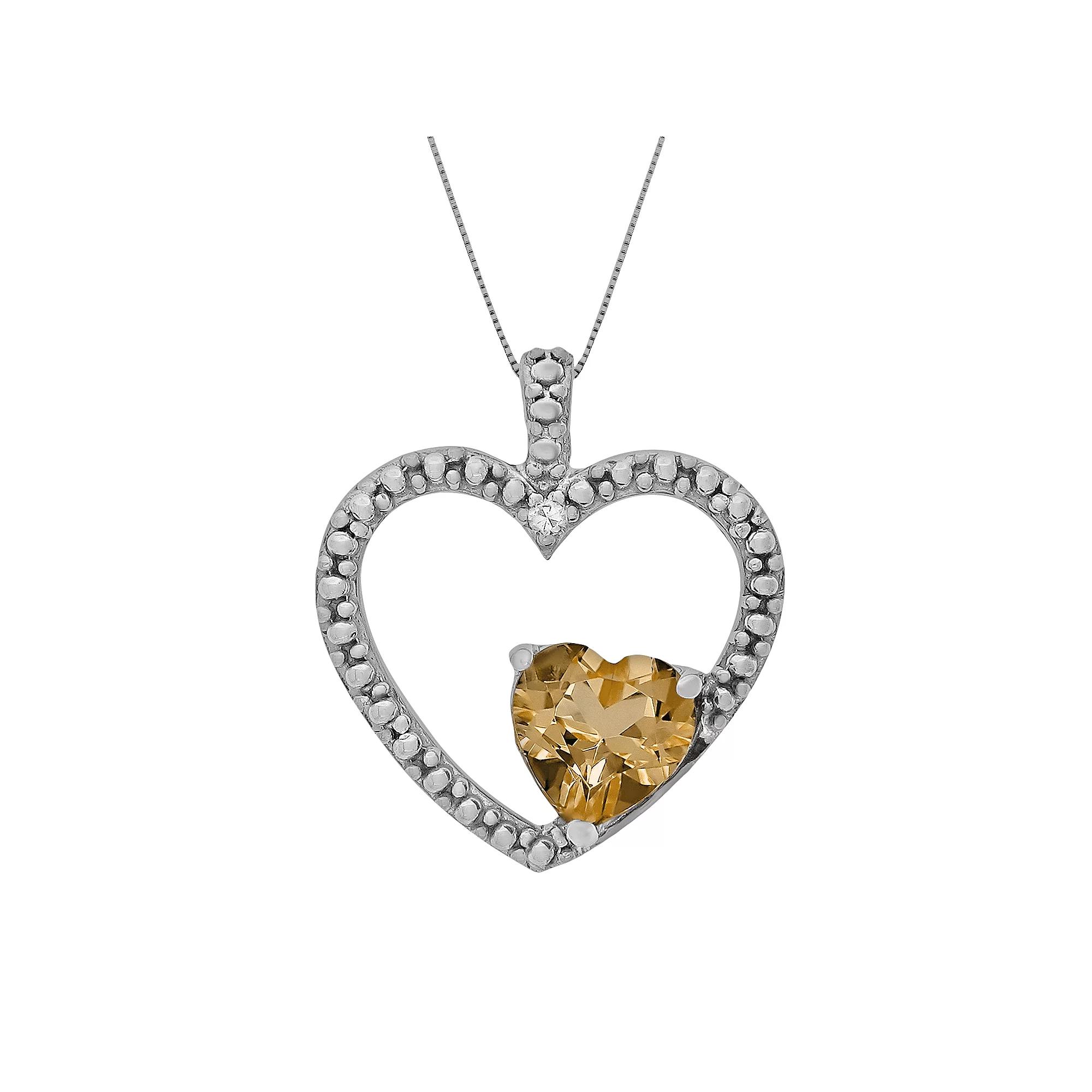 Gemminded Sterling Silver Citrine and Diamond Accent Heart Pendant, Women's, Size: 18", Yellow Product Image