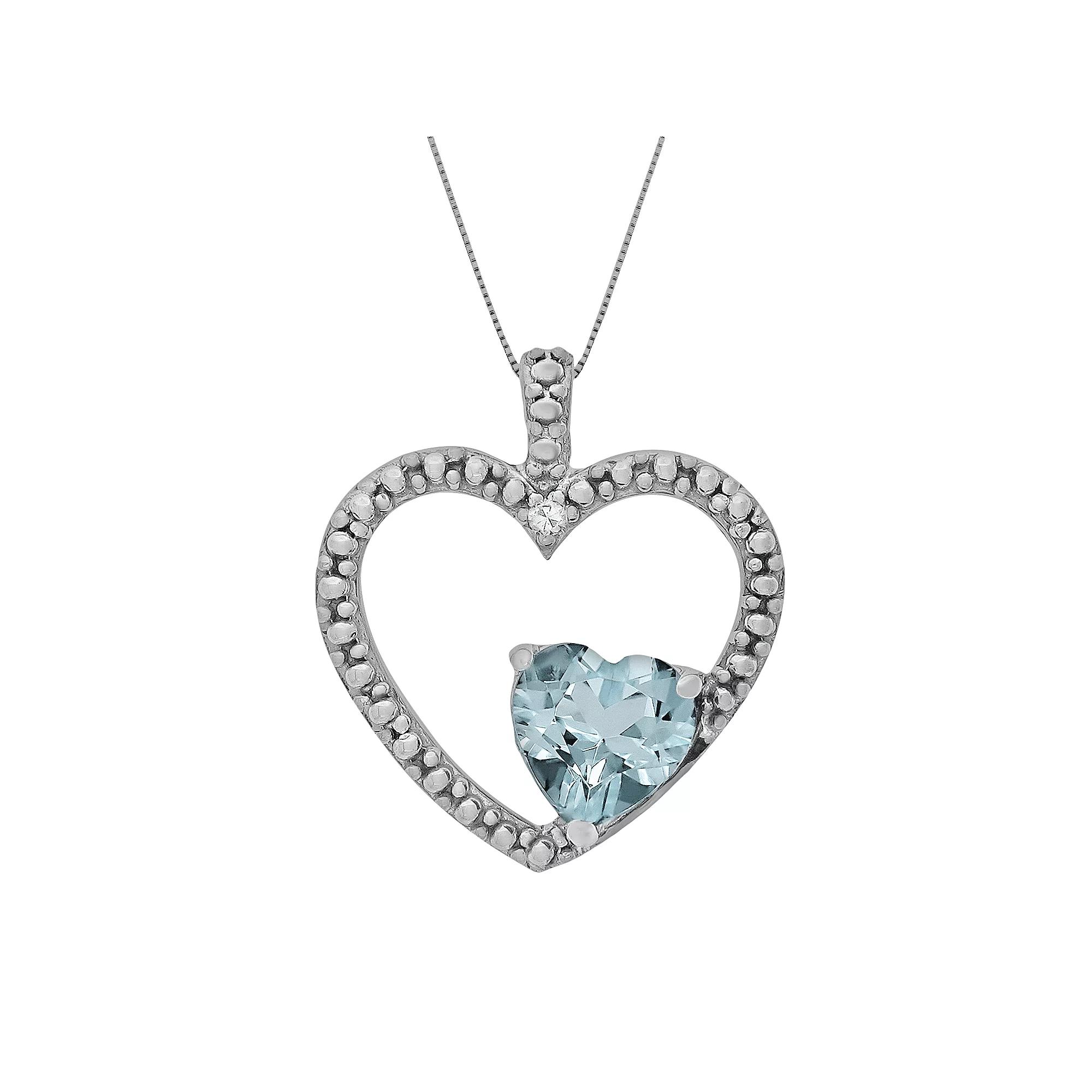 Gemminded Sterling Silver Lab-Created Aquamarine and Diamond Accent Heart Pendant, Women's, Size: 18", Light Blue Product Image