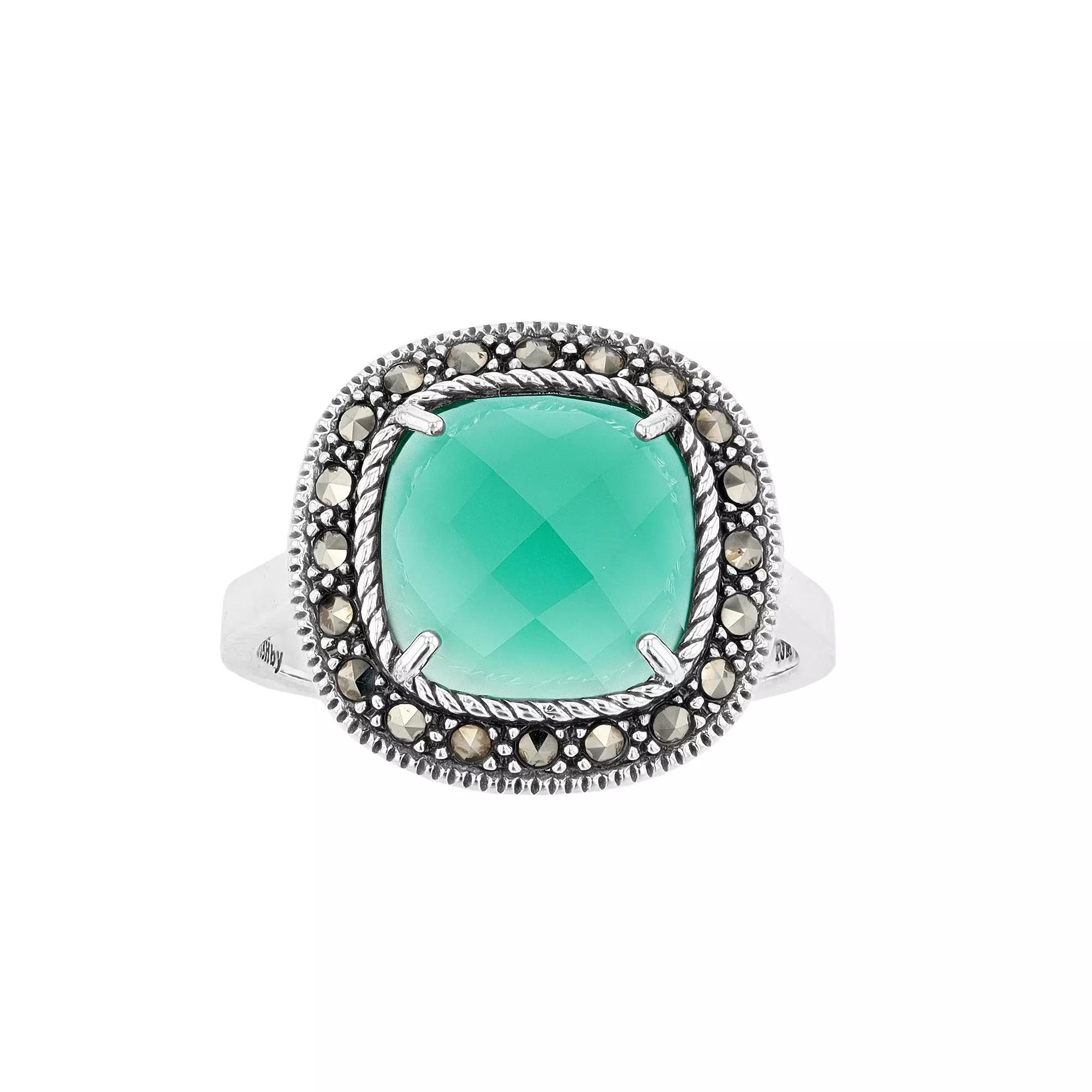 Lavish by TJM Sterling Silver Cushion Green Agate & Marcasite Ring, Women's,  Product Image