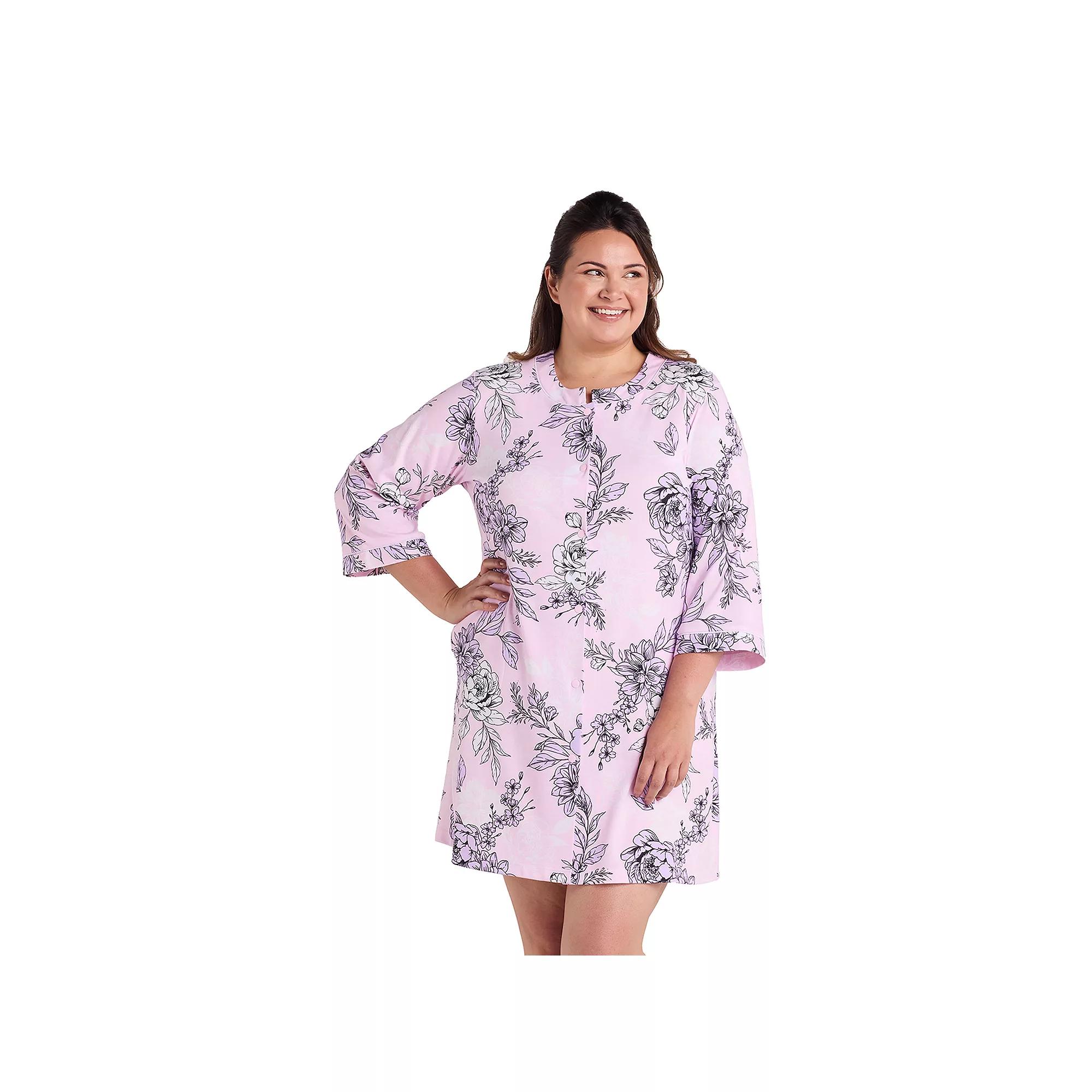 Plus Size Miss Elaine Essentials Interlock Knit Short Snap Robe, Women's, Size: 3XL, Pink Print Product Image