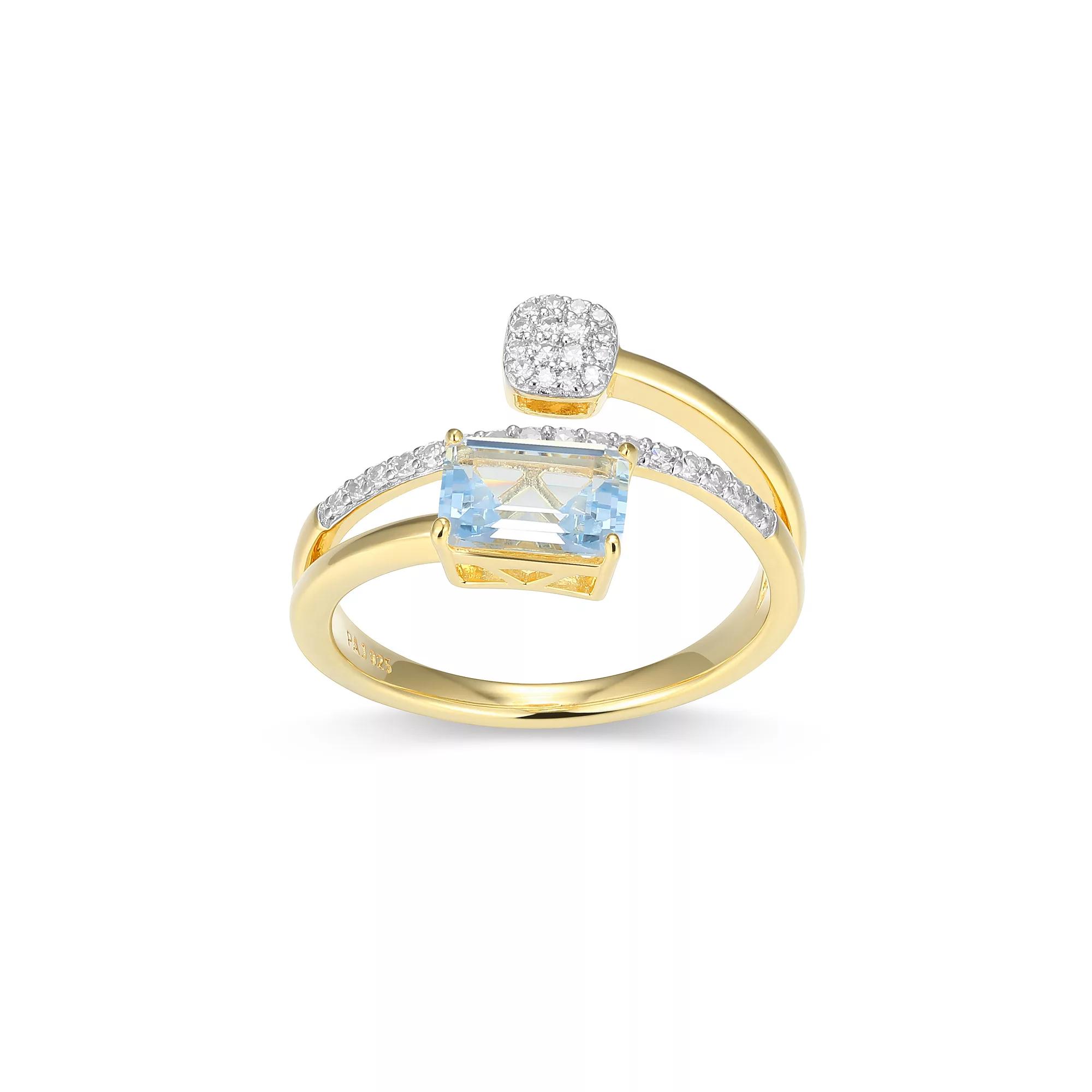 18k Gold and Rhodium Over Sterling Silver 1/5 Carat T.W. Lab-Grown Diamond Emerald Cut Bypass Birthstone Ring, Women's, Syn Blue Spinel March Product Image
