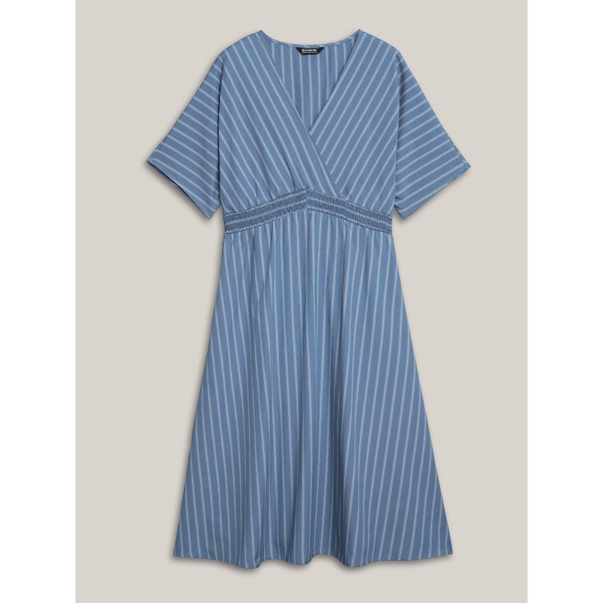 Plus Size Striped Surplice Neckline Shirred Midi Dress Stone Women Casual Shirred Overlap Collar Short sleeve Curvy BloomChic 28/5X Product Image