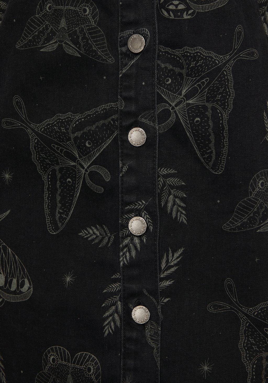 Callopistria Moth Print Denim Mini Apron Dress Product Image