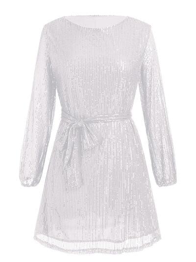Sequin Tie Waist Long Sleeve Mini Dress Product Image