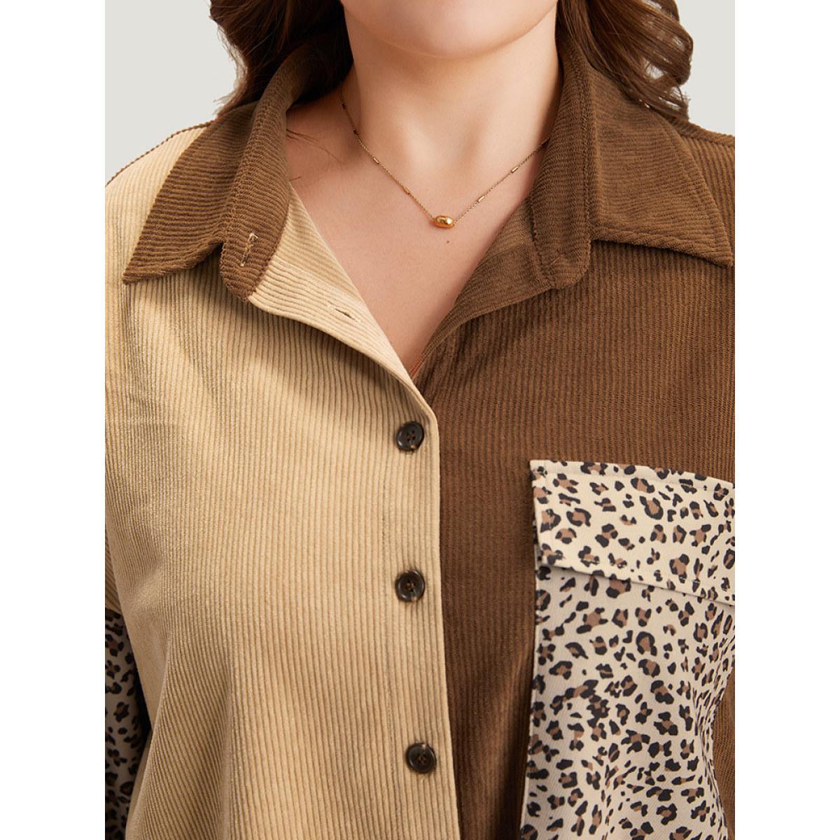 Plus Size Leopard Patchwork Pocket Contrast Button Through Coat Women DarkBrown Texture Pocket Dailywear Jackets BloomChic 12/L Product Image