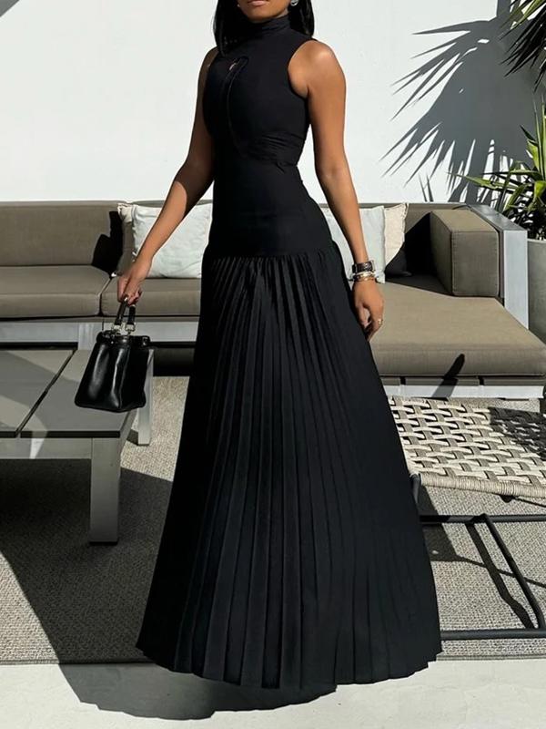 Bodycon Sleeveless Hollow Pleated Solid Color Split-Joint Mock Neck Maxi Dresses Product Image