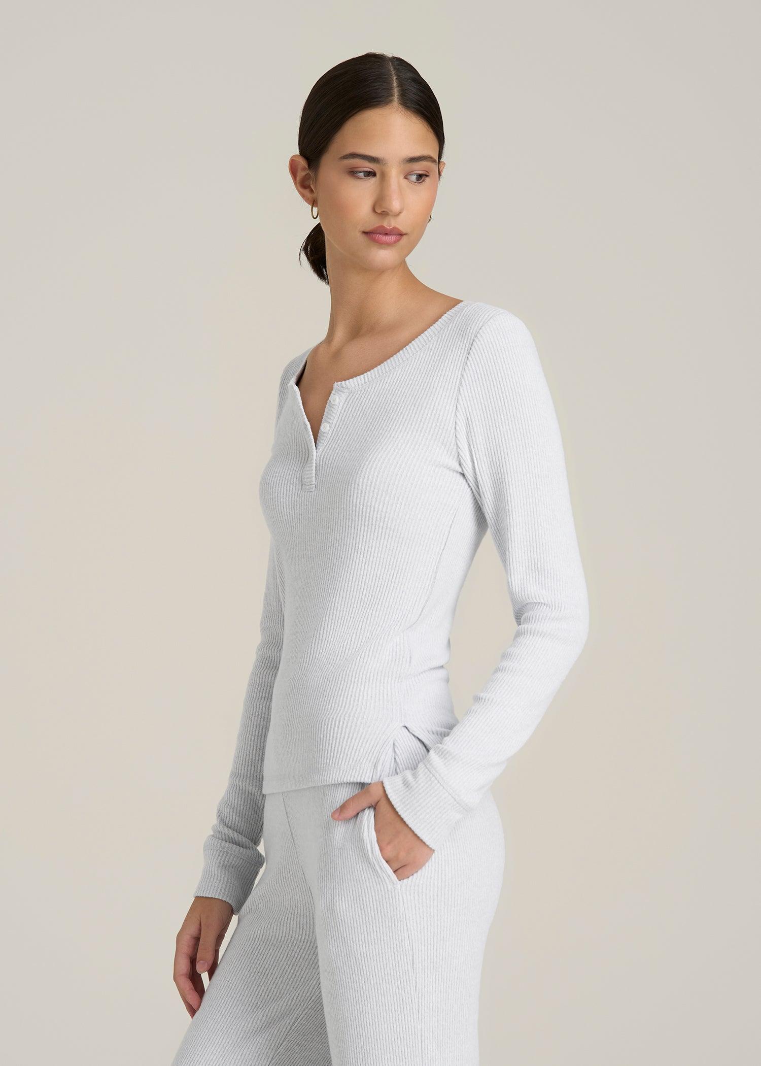 Ribbed Henley Top for Tall Women in Fog Grey Mix Female Product Image