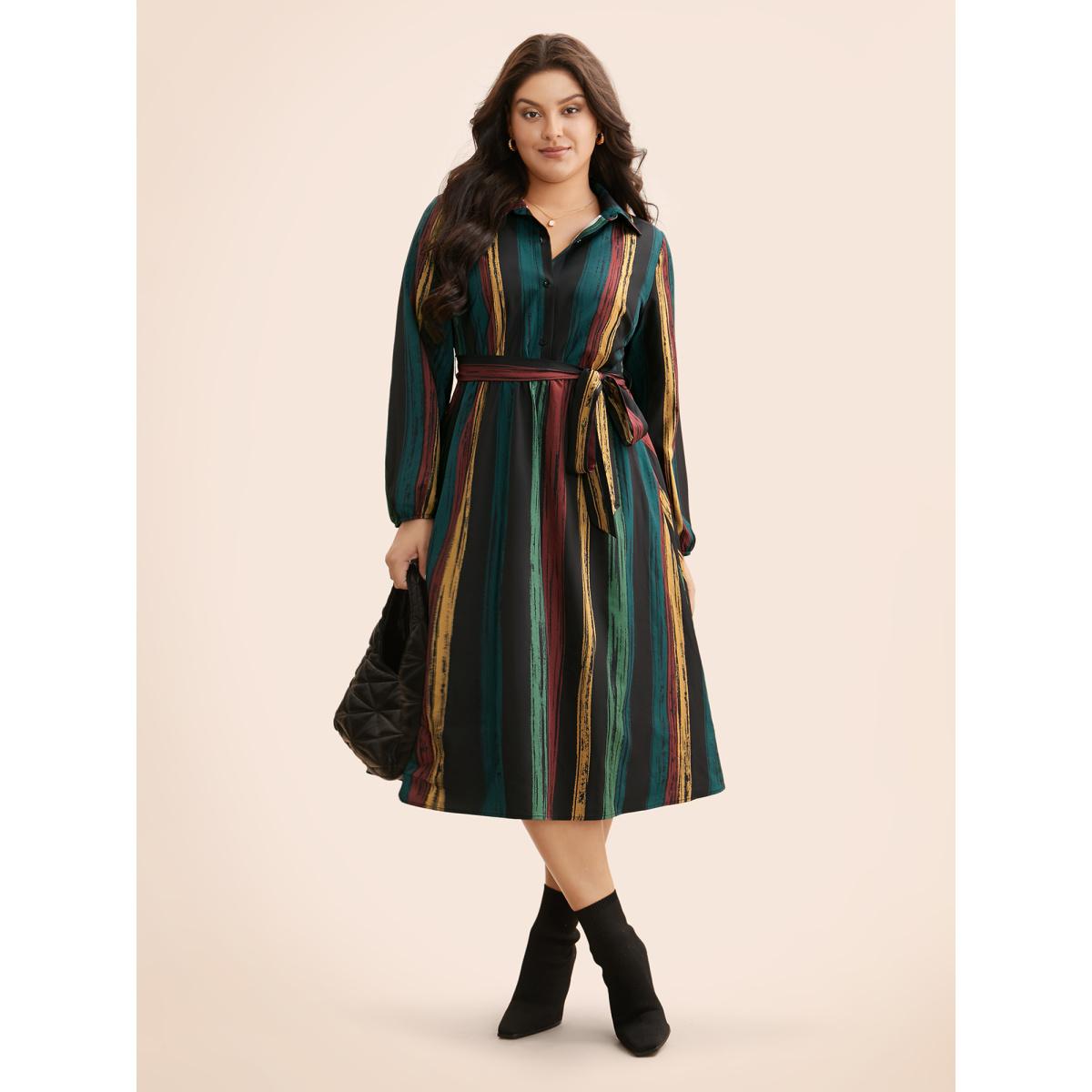 Plus Size Colored Striped Belted Lantern Sleeve Dress Multicolor Women At the Office Belted Knit Dresses Bloomchic 30/6X Product Image