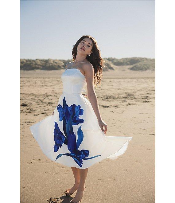 Mac Duggal Satin Placement Floral Print Strapless Neck Sleeveless A-Line Midi Dress Product Image