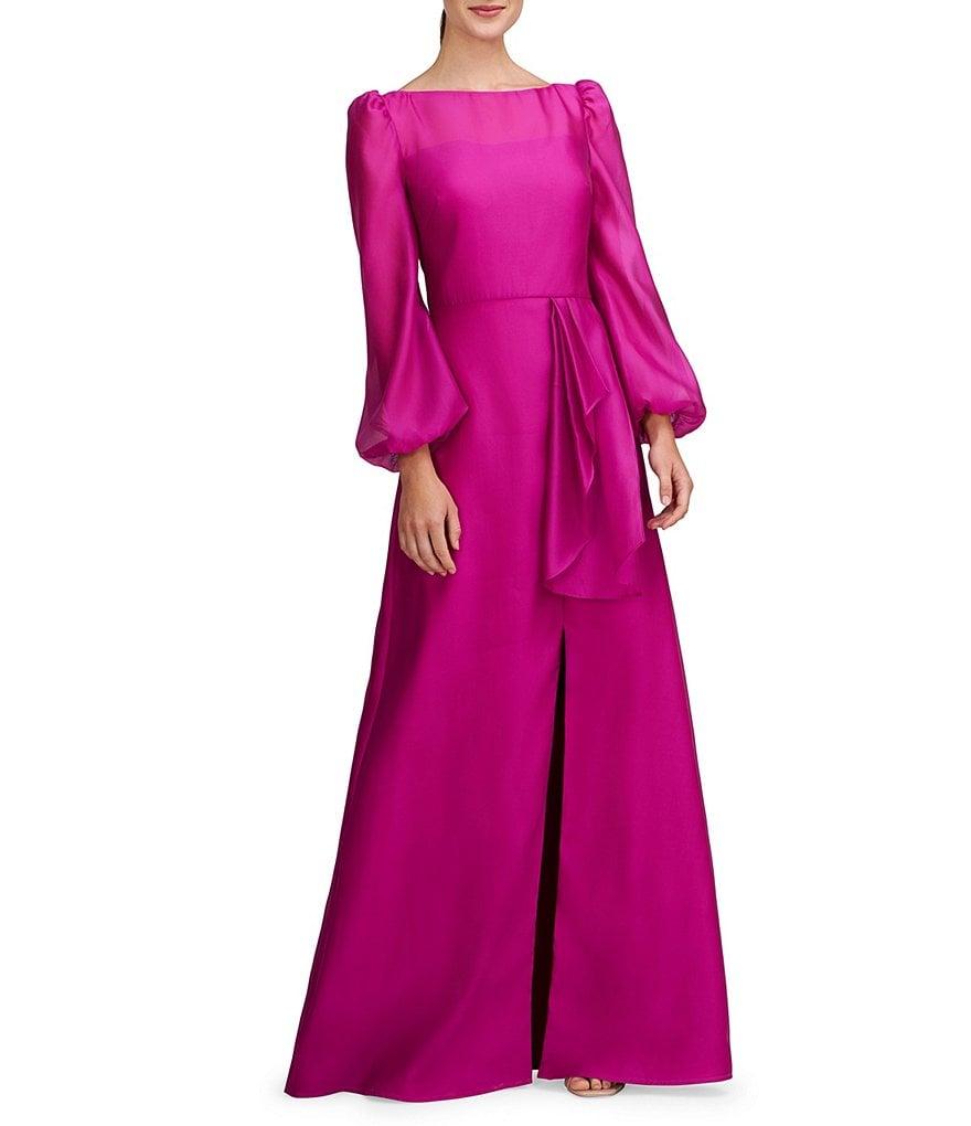Kay Unger Sydney Illusion Boat Neck V-Back Textured Organza Bishop Sleeve Gown Product Image