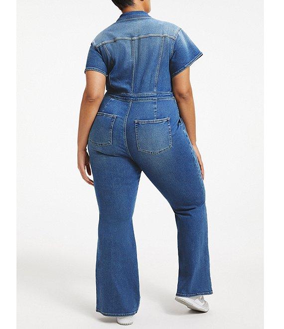 Good American Plus Size Fit For Success Short Sleeve Point Collar Straight Leg Stretch Denim Jumpsuit Product Image