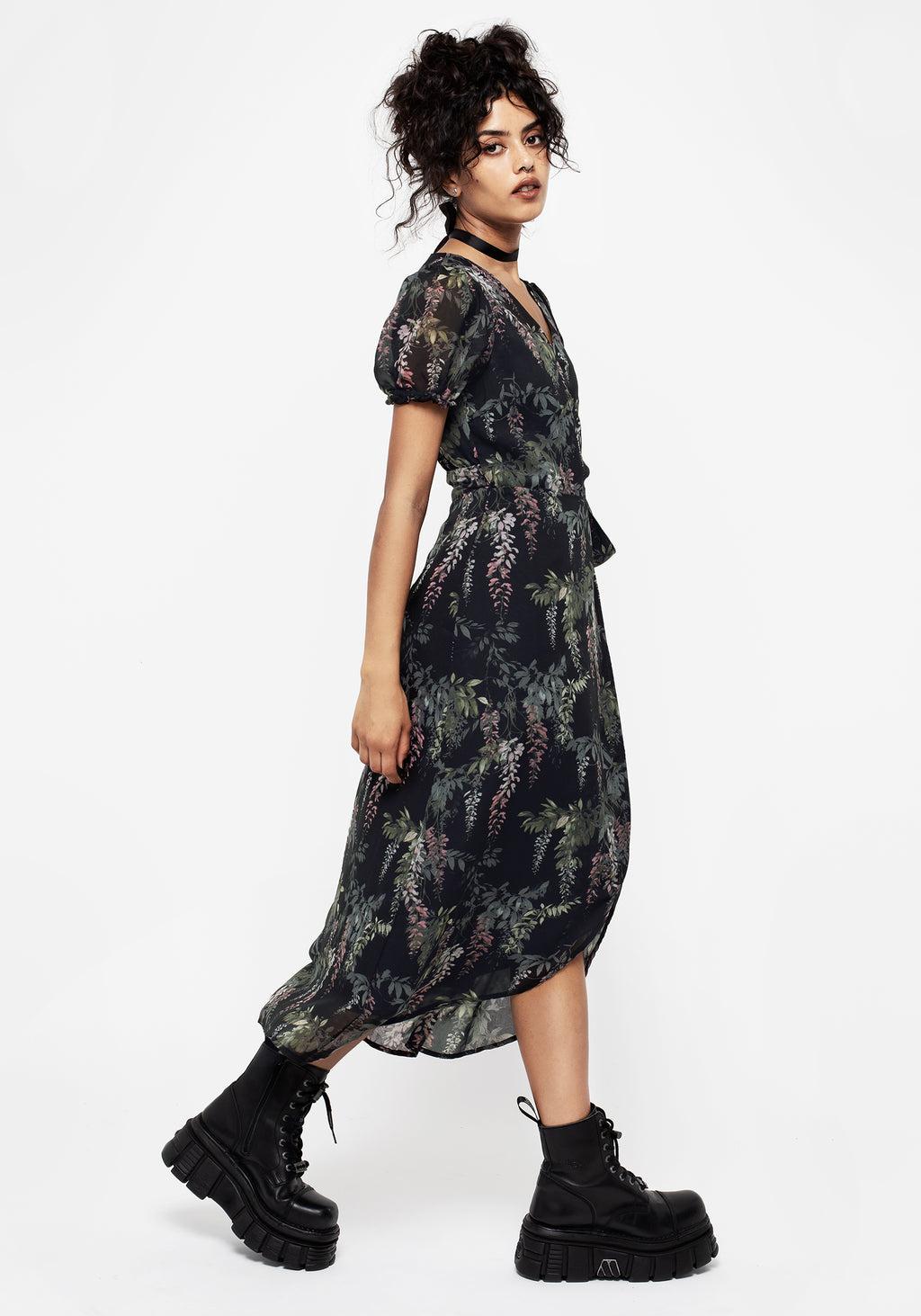 Wisteria Floral Print Chiffon Midi Wrap Dress Product Image