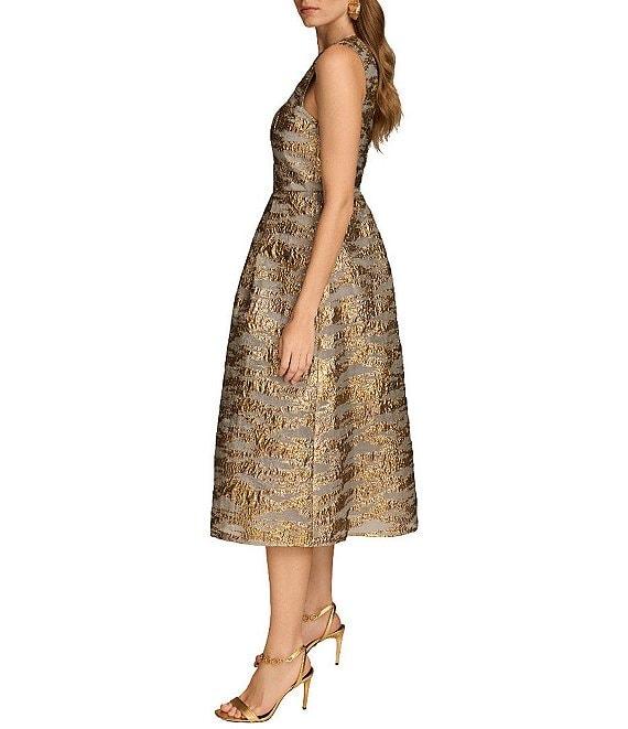 Donna Karan Brocade Crew Neck Sleeveless Metallic A-Line Midi Dress Product Image