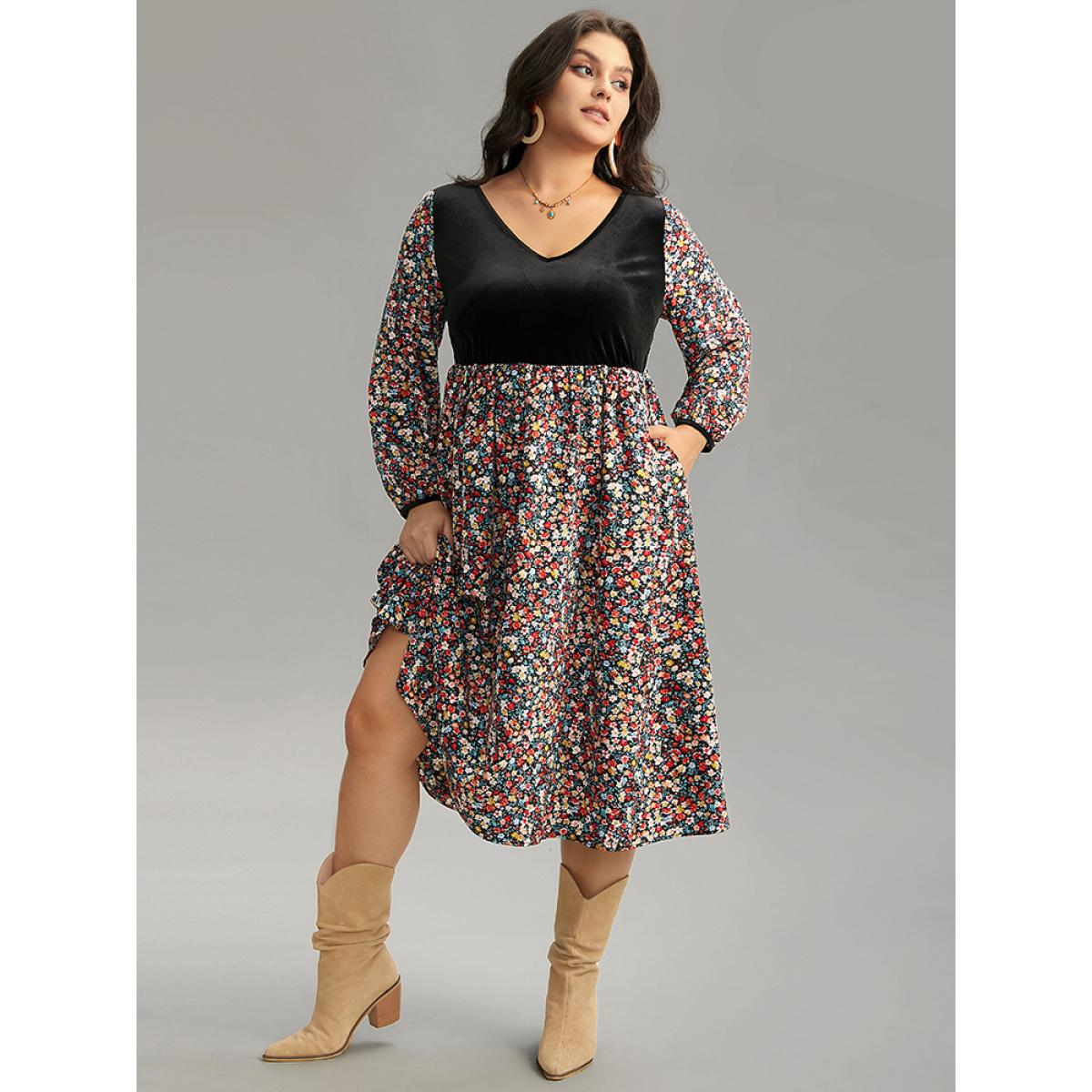 Plus Size Ditsy Floral Velvet Patchwork Lantern Sleeve Dress Multicolor Women Vacation Elastic cuffs V-neck Long Sleeve Curvy Midi Dress BloomChic 12/L Product Image