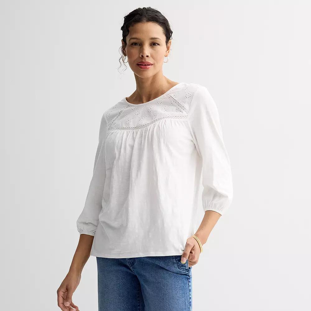Women's Croft & Barrow® Three-Quarter Sleeve Eyelet Yoke Top, Size: Small, Blue Product Image