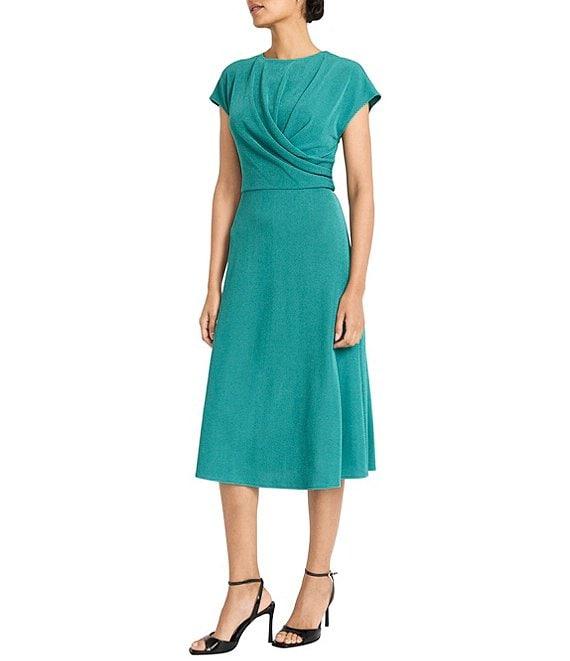 Maggy London Ottoman Jersey Crew Neck Short Sleeves Draped Bodice A-Line Midi Dress Product Image
