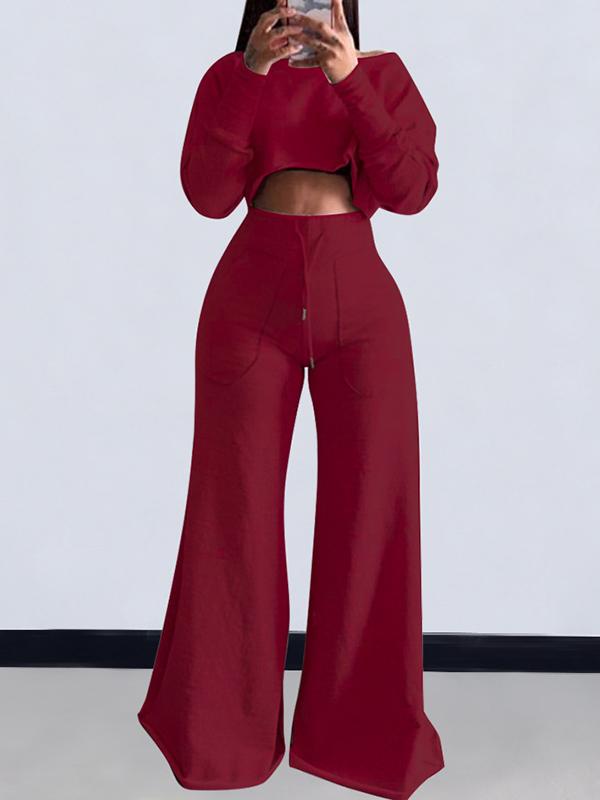 Loose Solid Color Long Sleeves T-Shirt + Drawstring Wide Leg Pants Trousers Two Pieces Set Product Image