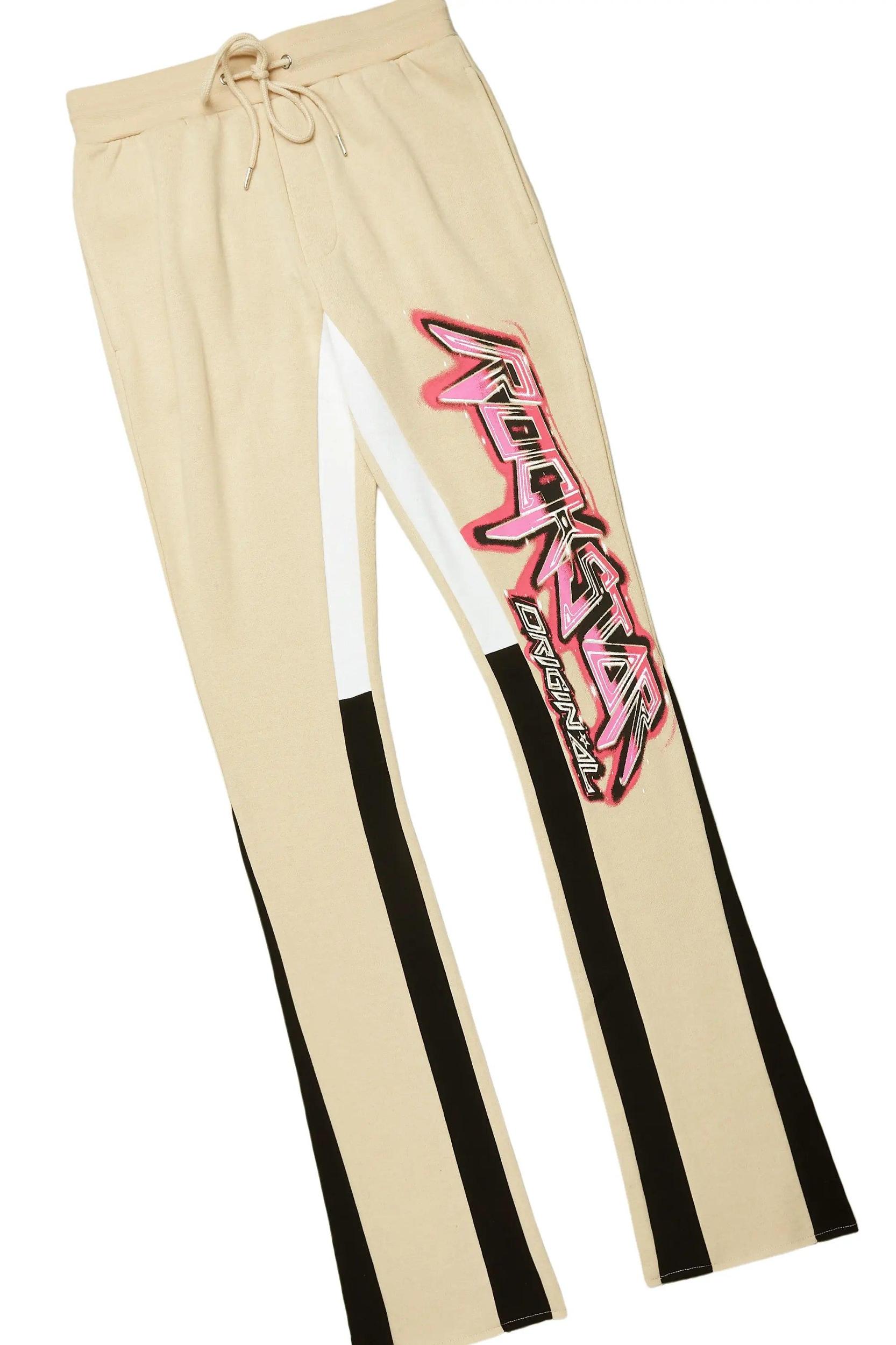 Obern Beige/Black Graphic Hoodie/Stacked Flare Pant Track Set Male Product Image