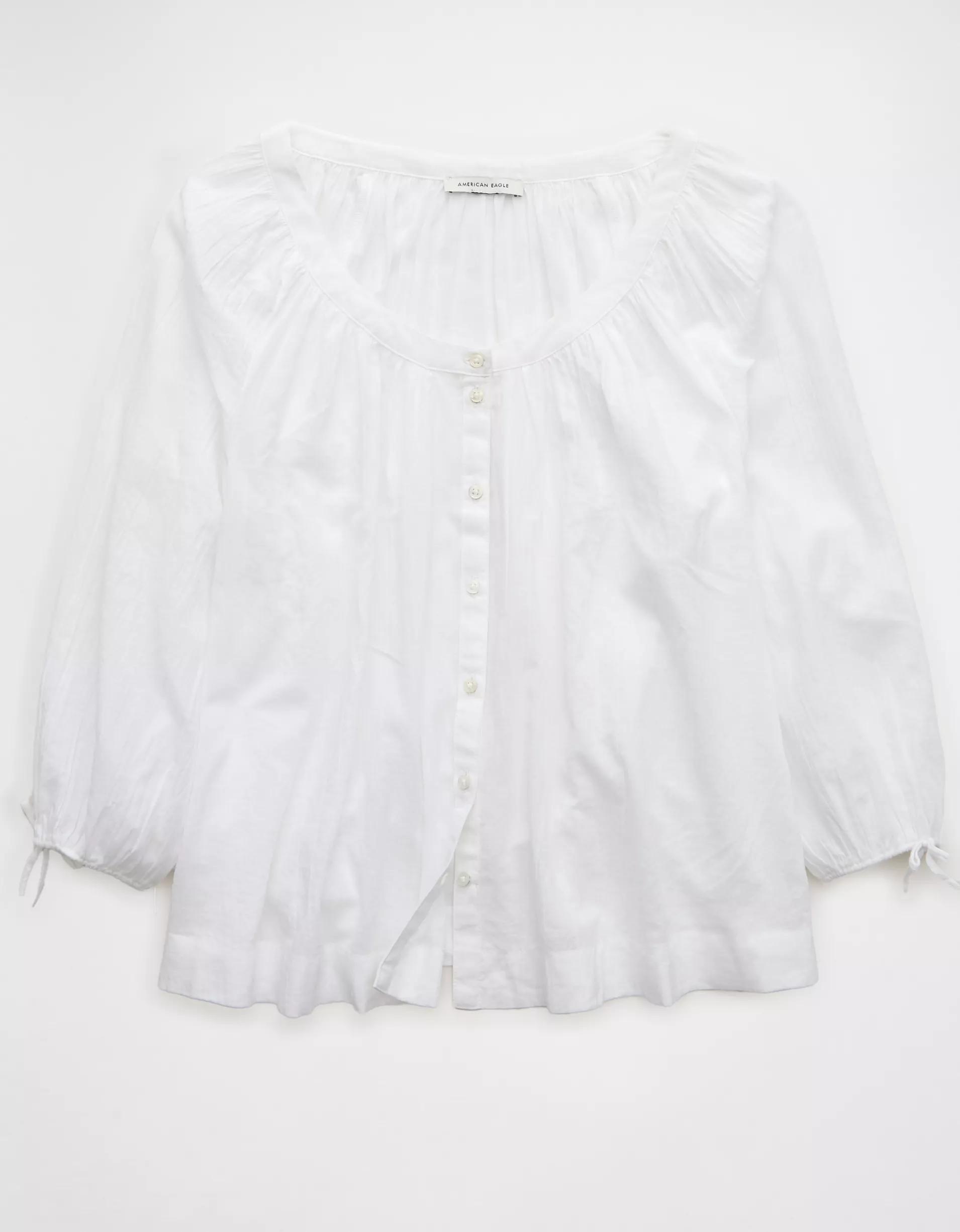 AE Long-Sleeve Open Neck Blouse Product Image