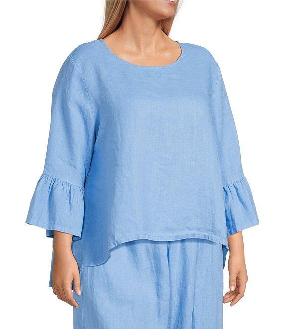 Bryn Walker Plus Size Fran Coordinating Light Linen Round Neck 3/4 Ruffle Sleeve Shirt Product Image