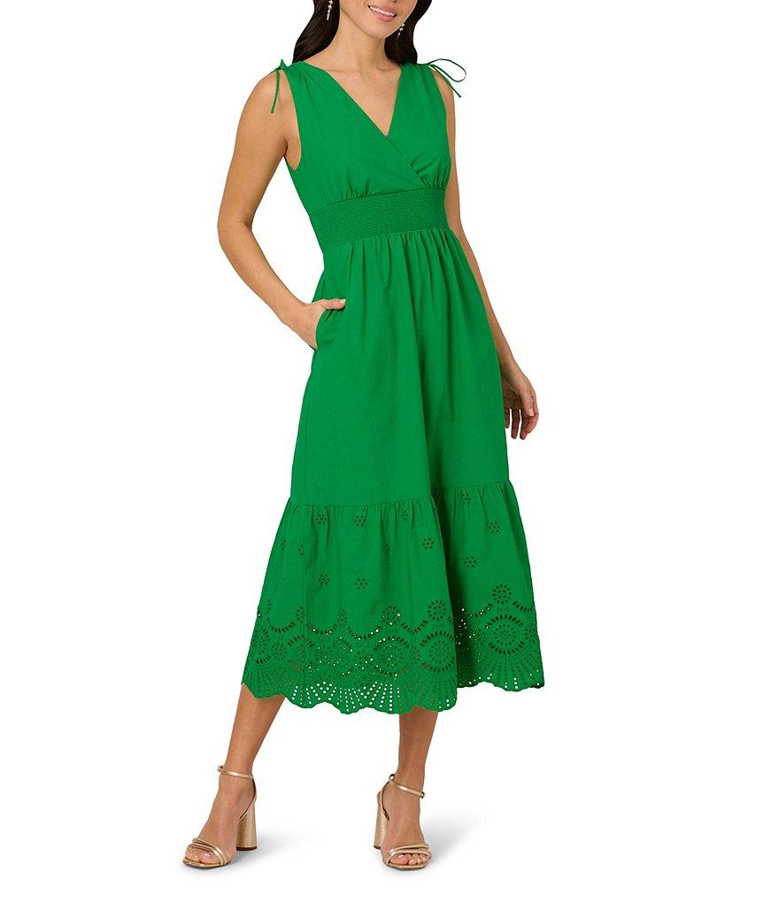 Adrianna Papell Cotton V Neck Sleeveless Eyelet Hem Midi Dress Product Image