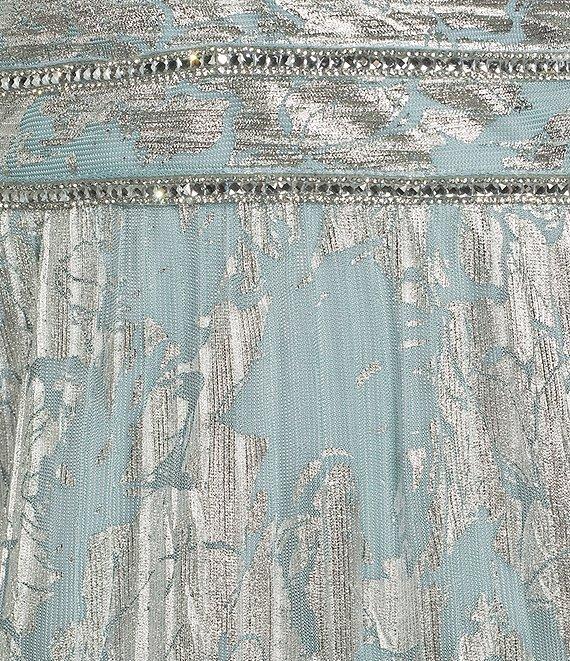 R & M Richards Foil Mesh Print Pleated Foil Printed Sleeveless Keyhole Halter Neck Dress Product Image