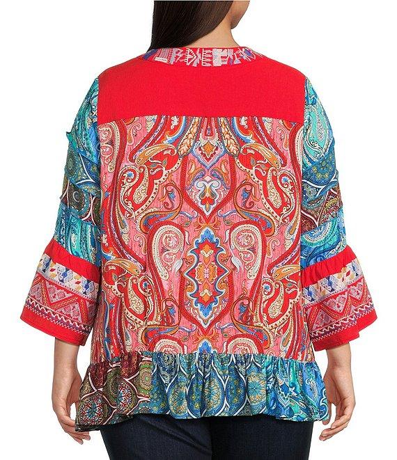 Calessa Plus Size Embroidered Patchwork Print Split V-Neck 3/4 Sleeve Tunic Product Image