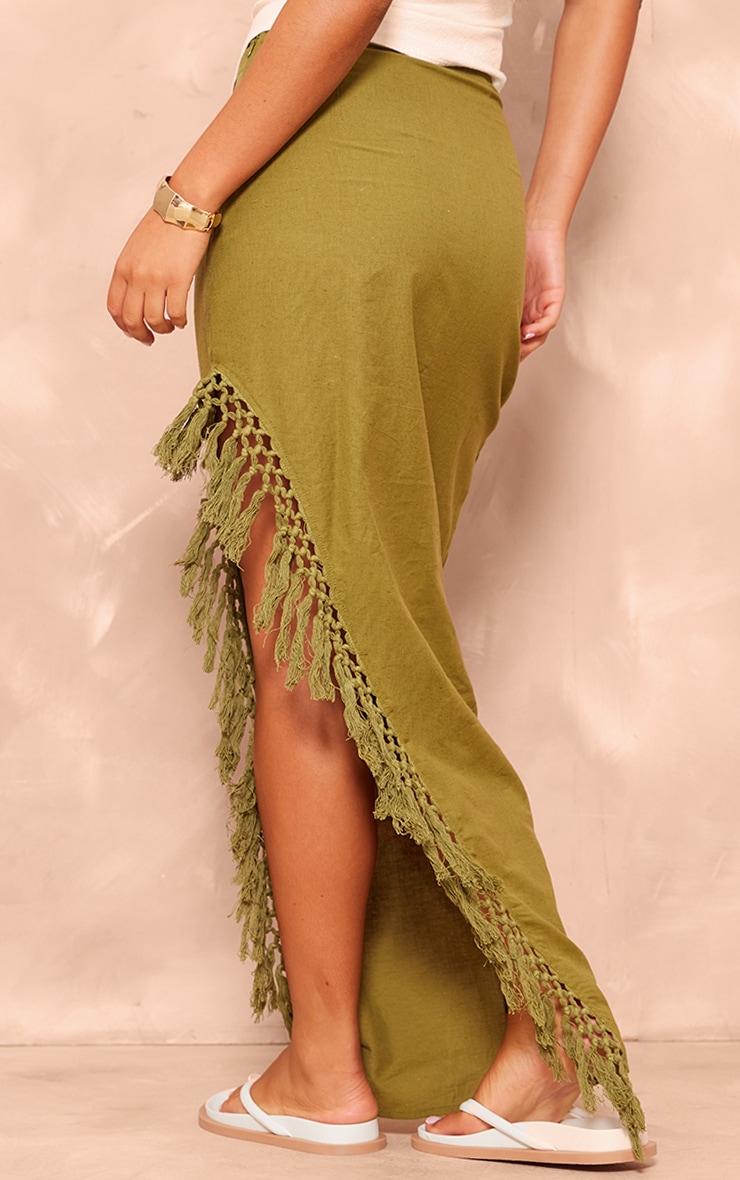 Khaki Linen Look Tassel Hem Thigh Split Maxi Skirt Product Image