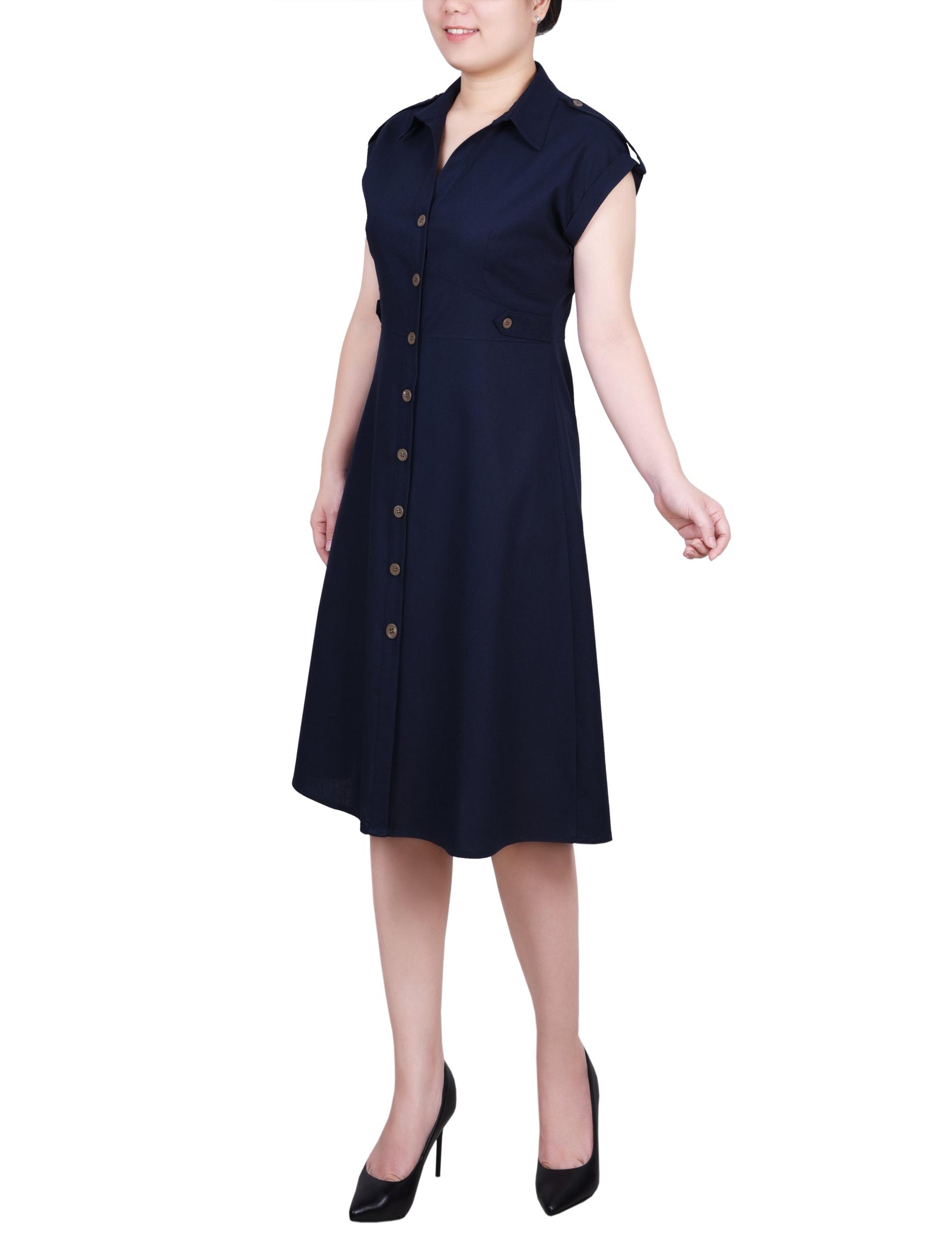 Navy Short Sleeve Button Front Linen Dress Product Image