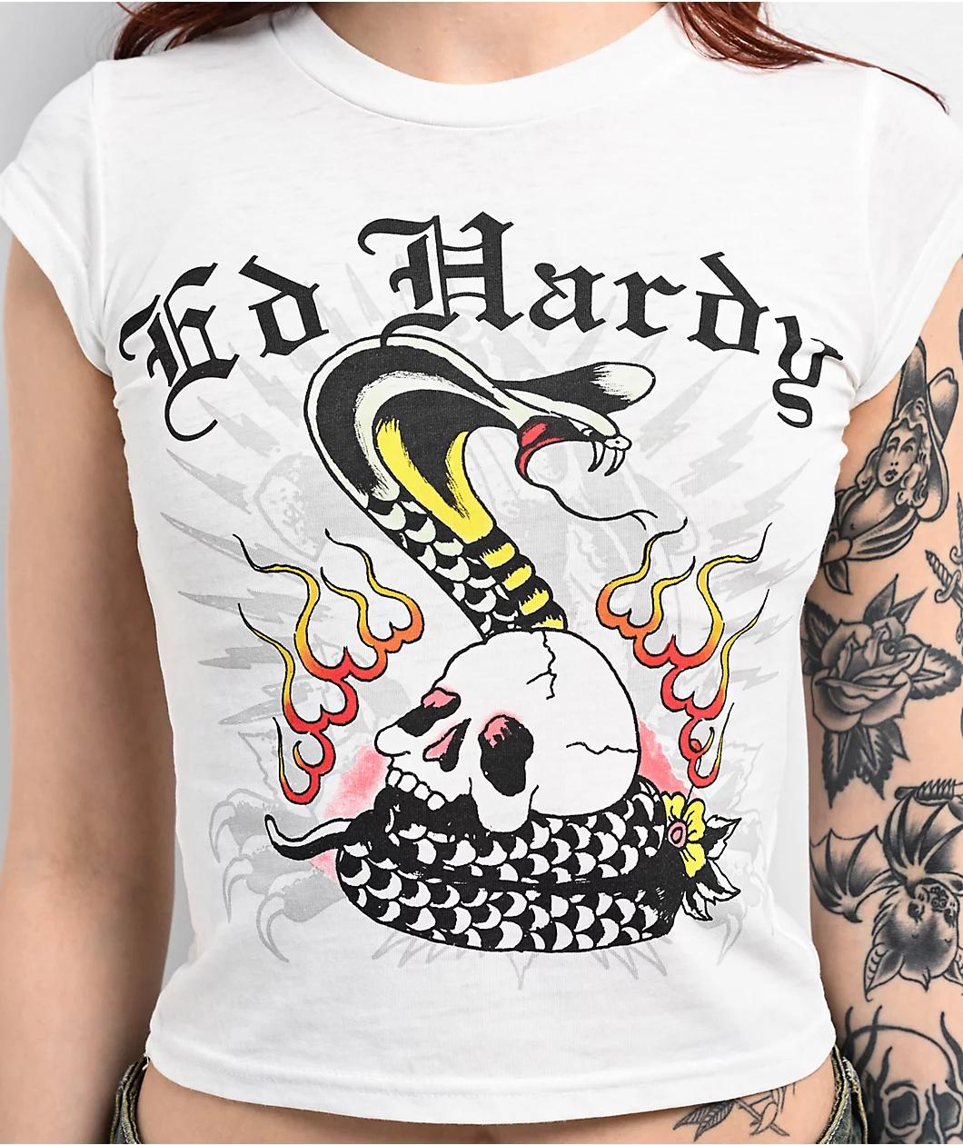 Ed Hardy Cobra Flame Burnout White Crop T-Shirt Product Image
