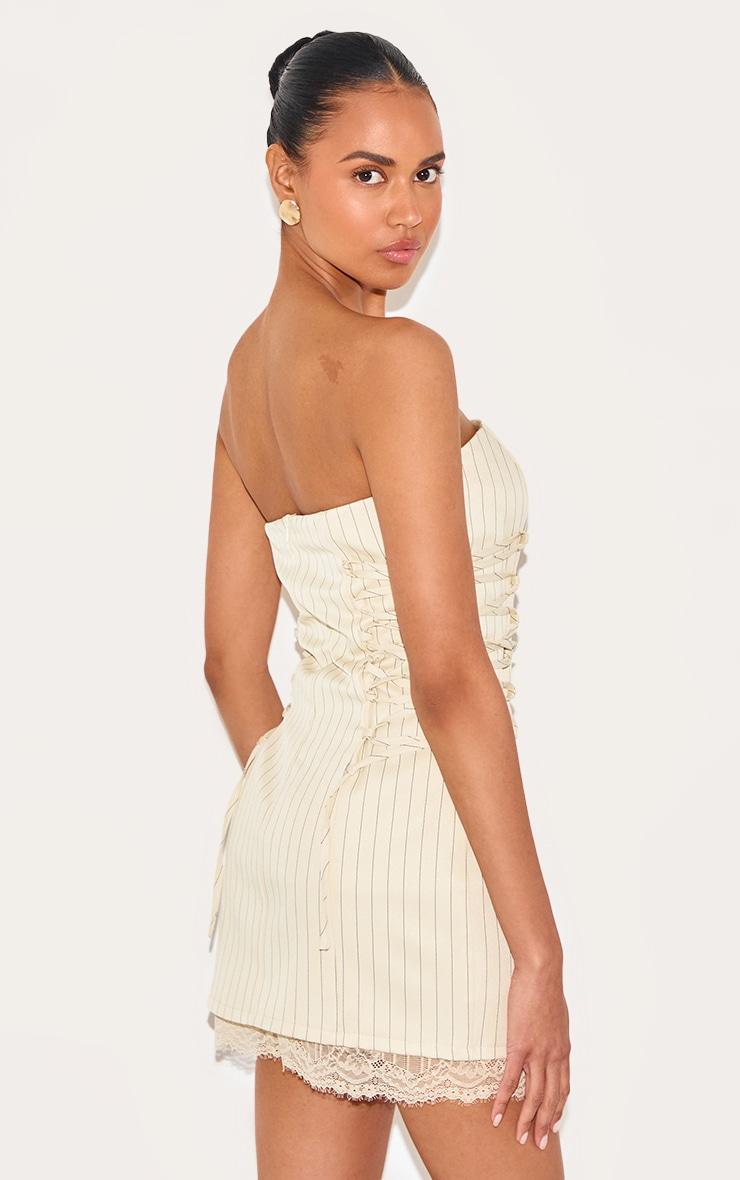 Cream Pinstripe Bandeau Lace Trim Shift Dress Product Image